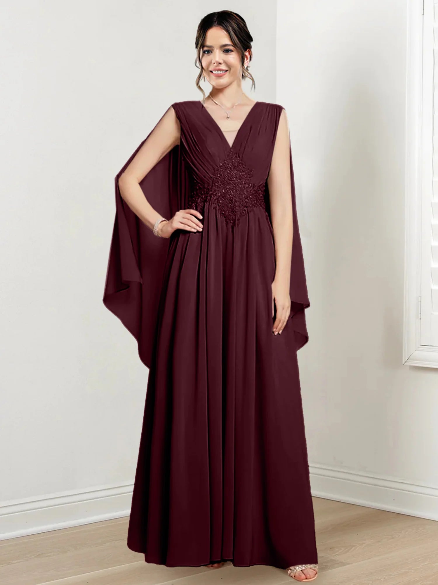 Blushing Pink Chiffon A-Line Floor-Length V-Neck Evening Dress