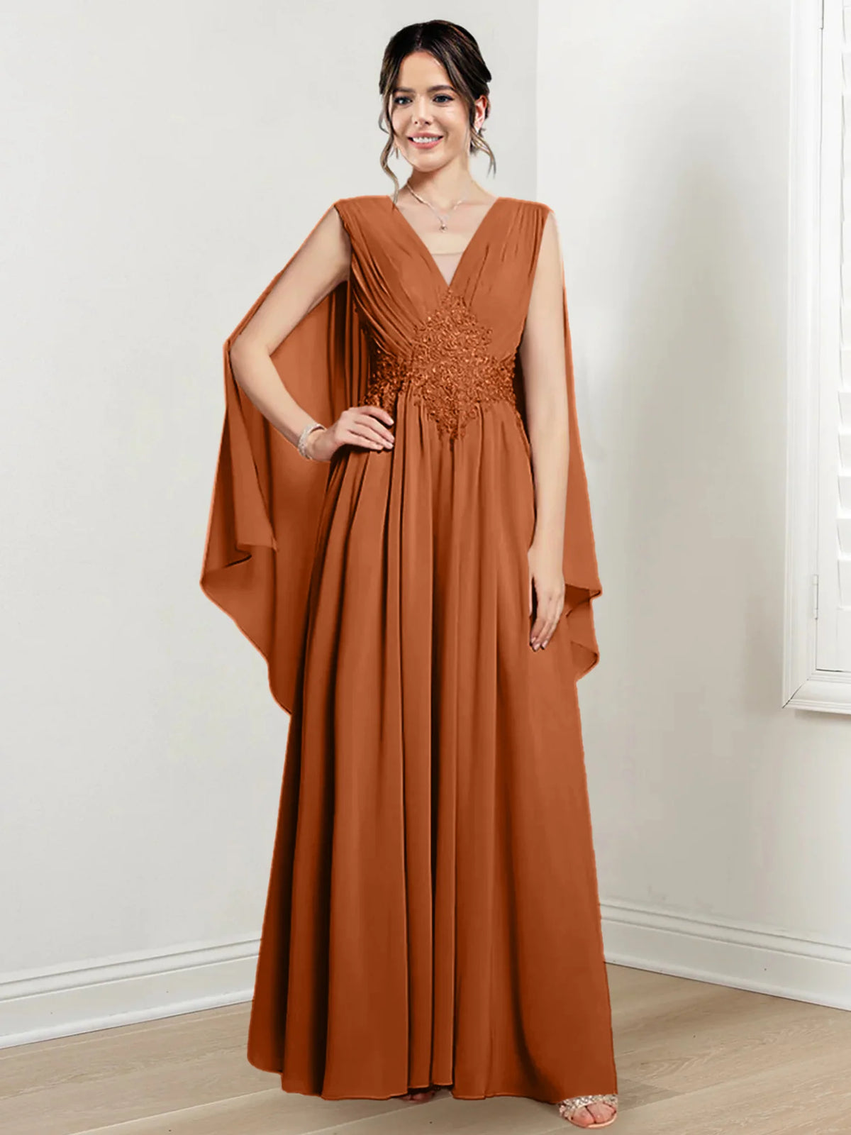 Blushing Pink Chiffon A-Line Floor-Length V-Neck Evening Dress