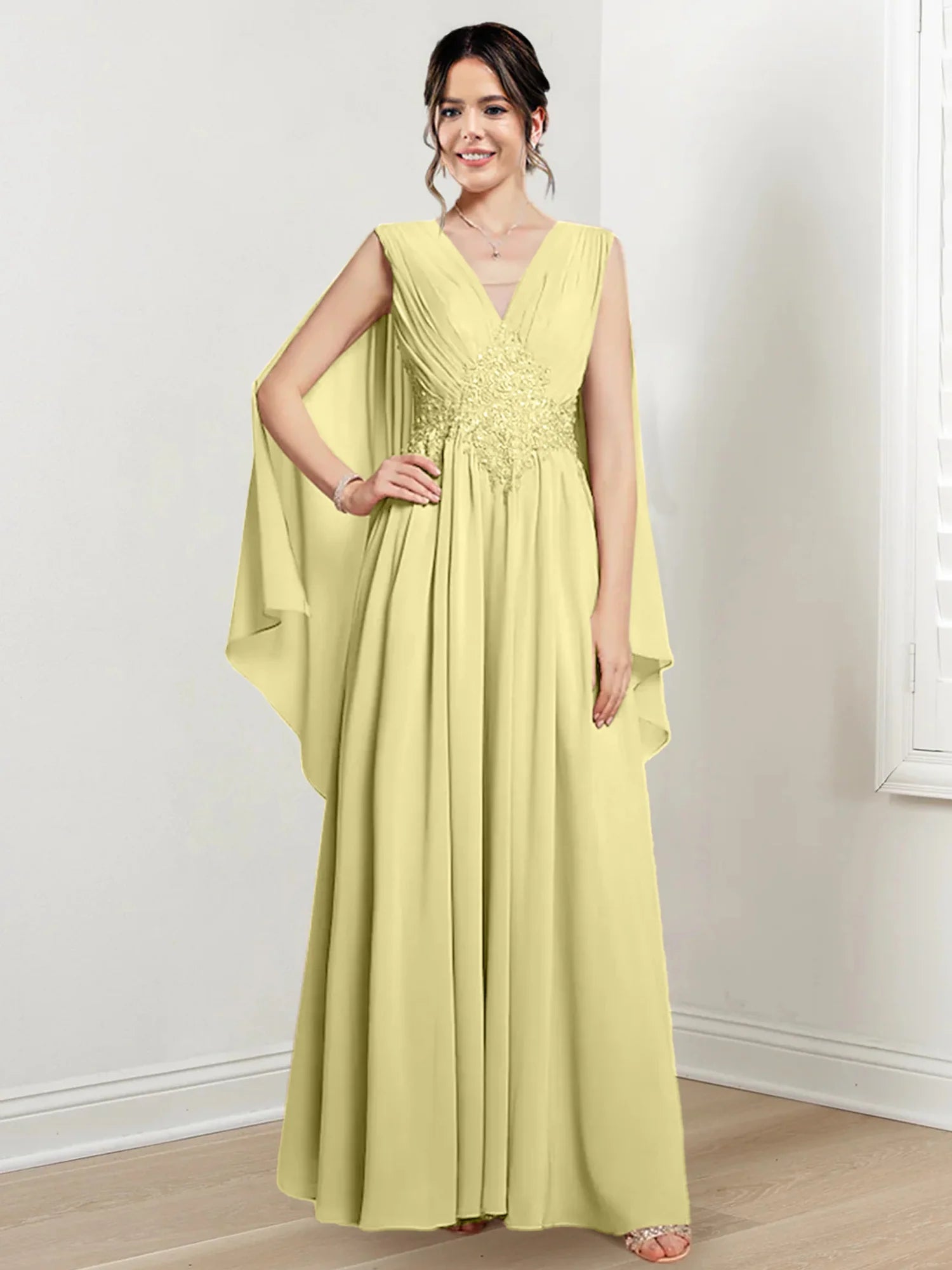 Blushing Pink Chiffon A-Line Floor-Length V-Neck Evening Dress