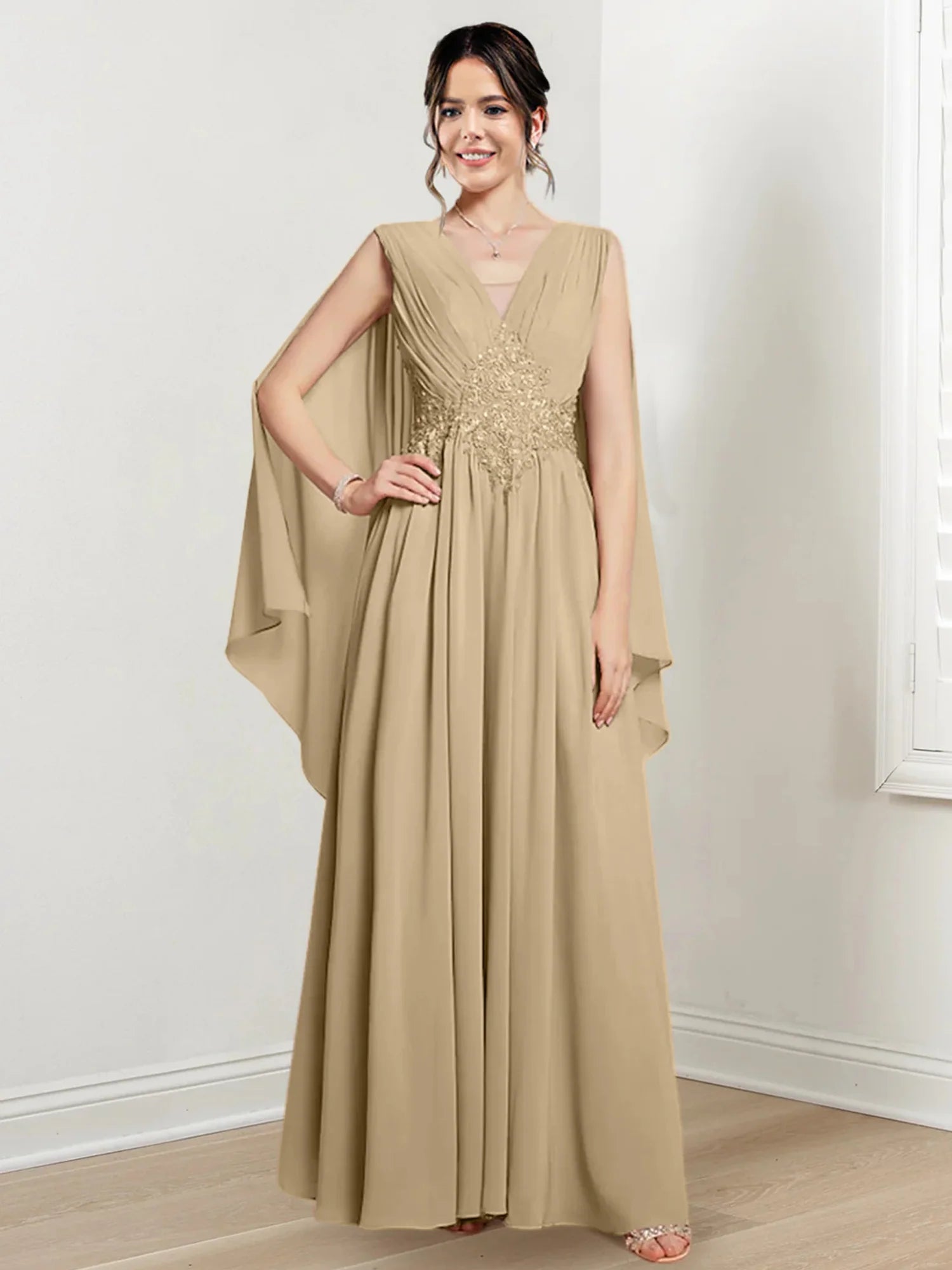 Blushing Pink Chiffon A-Line Floor-Length V-Neck Evening Dress