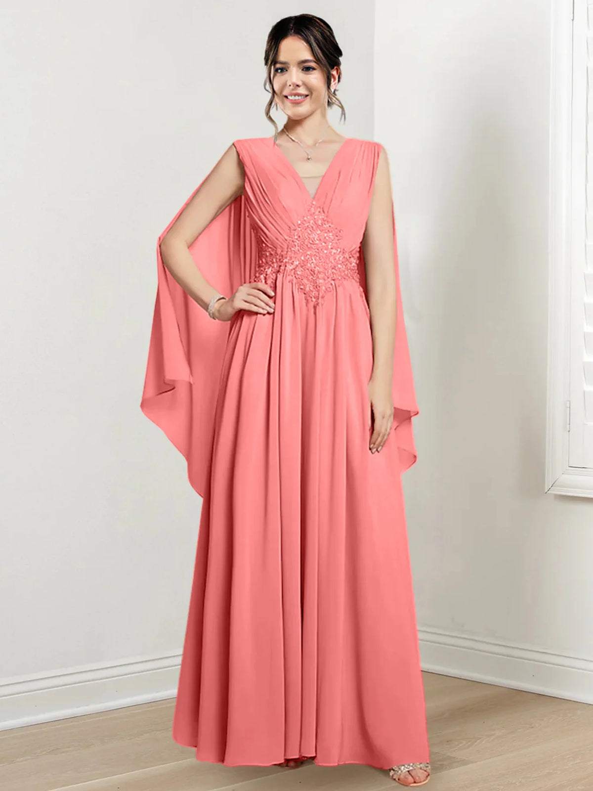 Blushing Pink Chiffon A-Line Floor-Length V-Neck Evening Dress