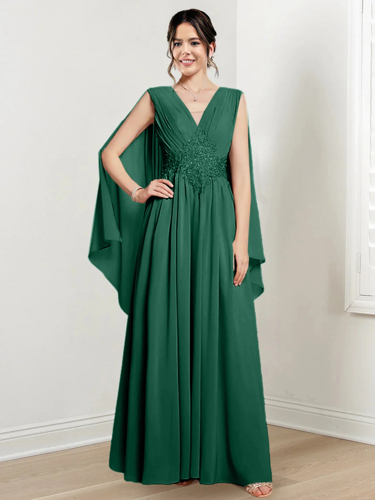 Blushing Pink Chiffon A-Line Floor-Length V-Neck Evening Dress