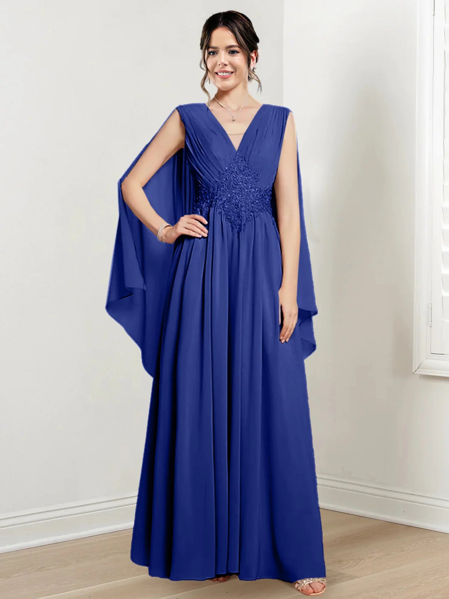 Blushing Pink Chiffon A-Line Floor-Length V-Neck Evening Dress