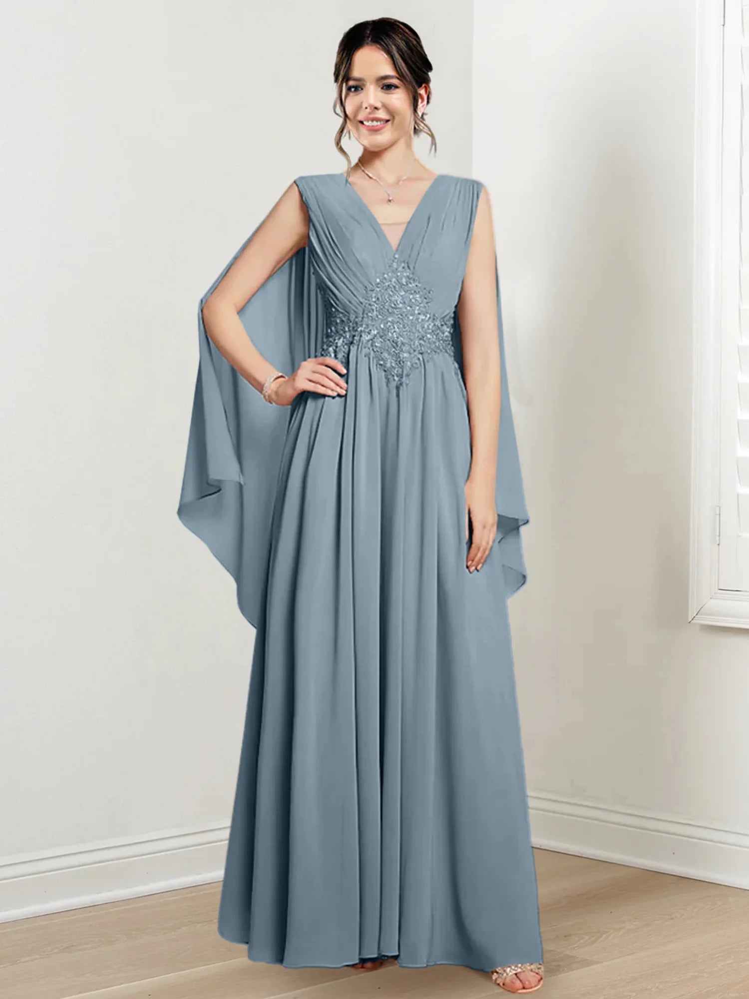 Blushing Pink Chiffon A-Line Floor-Length V-Neck Evening Dress