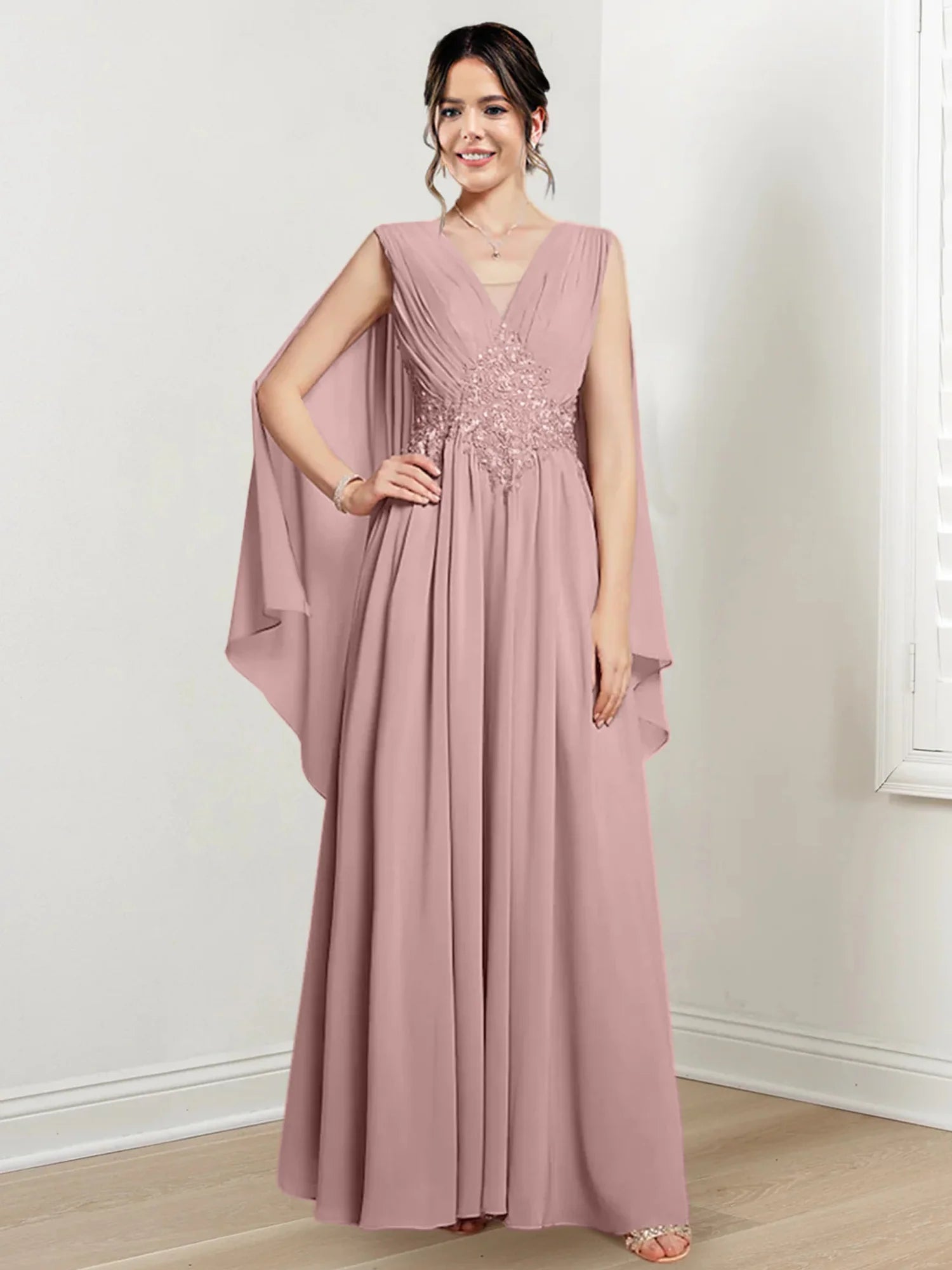 Blushing Pink Chiffon A-Line Floor-Length V-Neck Evening Dress