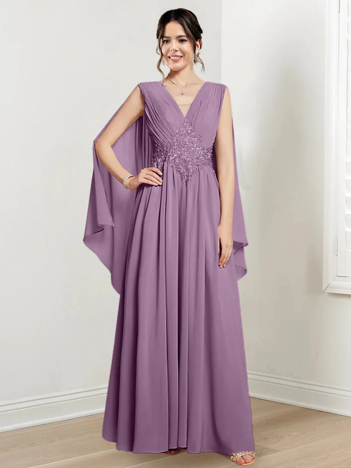 Blushing Pink Chiffon A-Line Floor-Length V-Neck Evening Dress