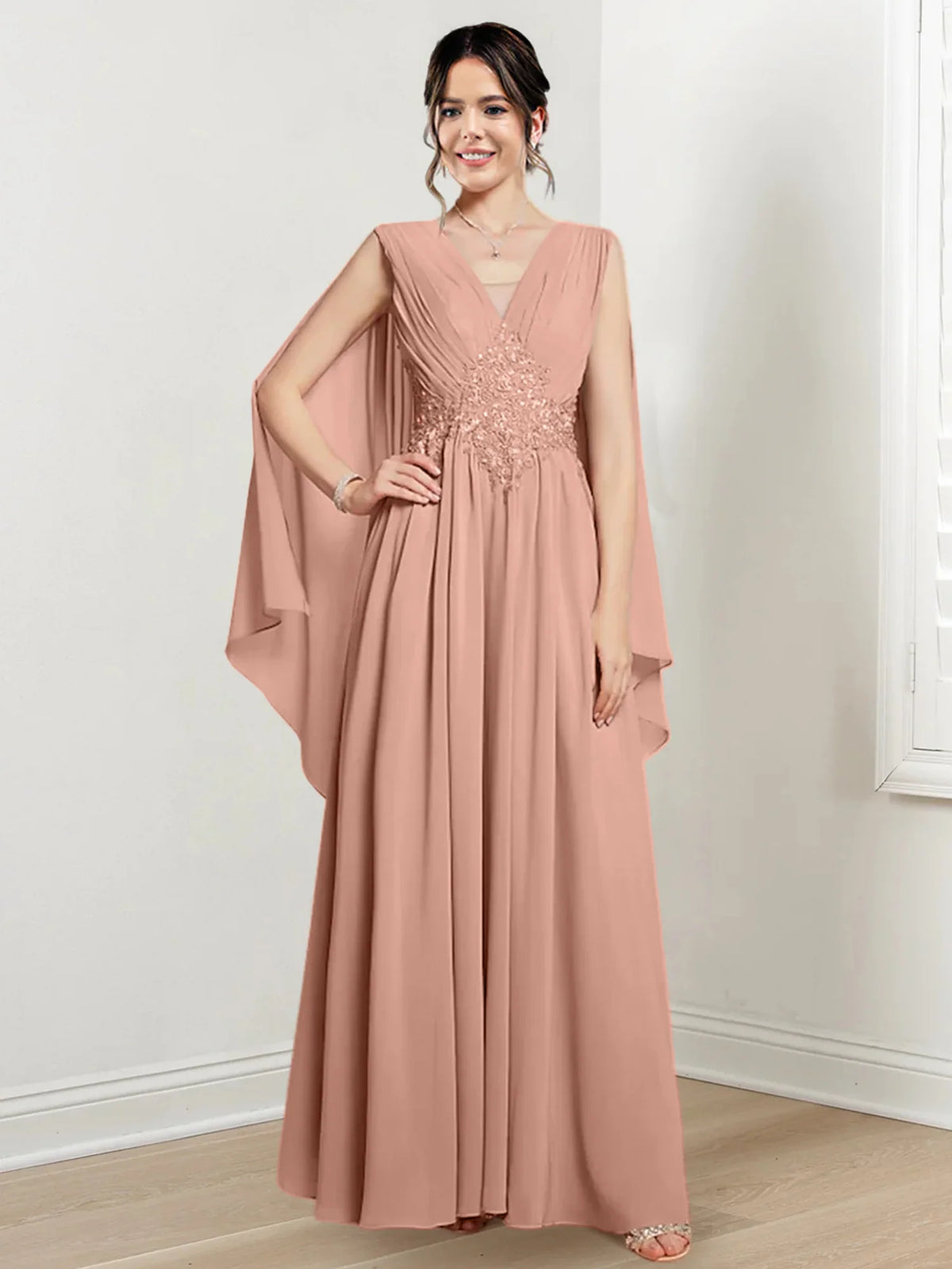 Blushing Pink Chiffon A-Line Floor-Length V-Neck Evening Dress