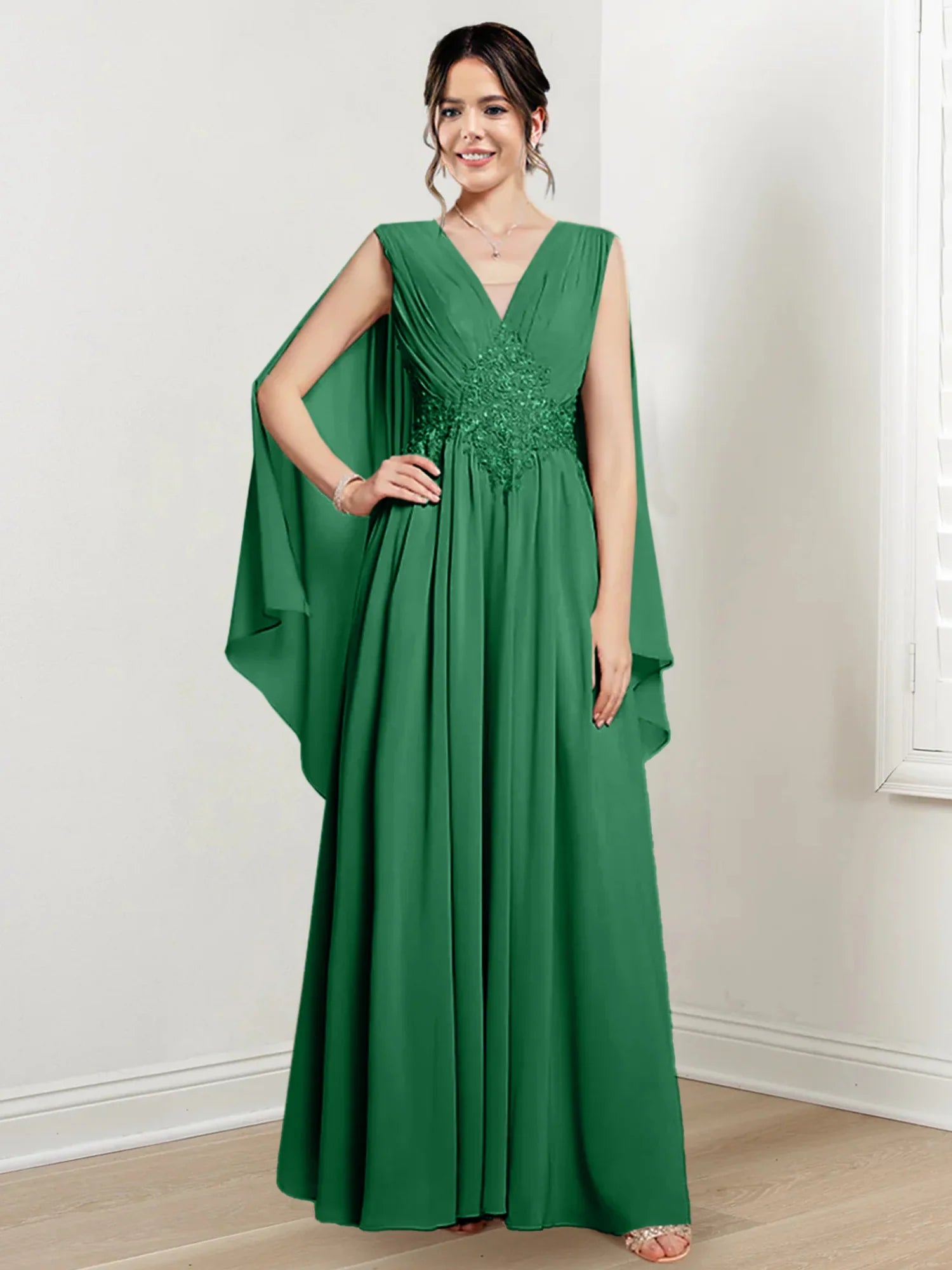 Blushing Pink Chiffon A-Line Floor-Length V-Neck Evening Dress