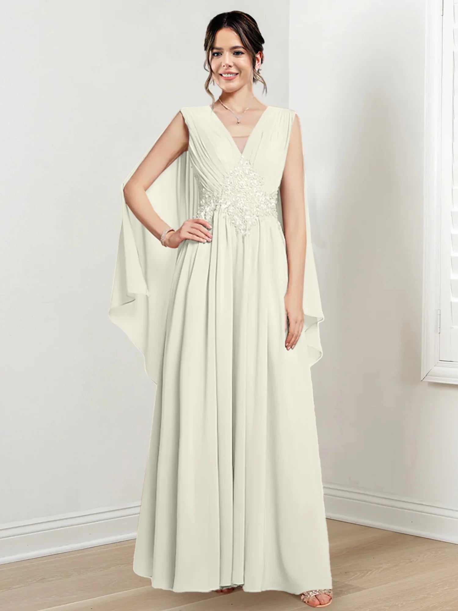 Ivory Chiffon A-Line V-Neck Floor-Length Gown with Beaded Waist & Draped Capelets