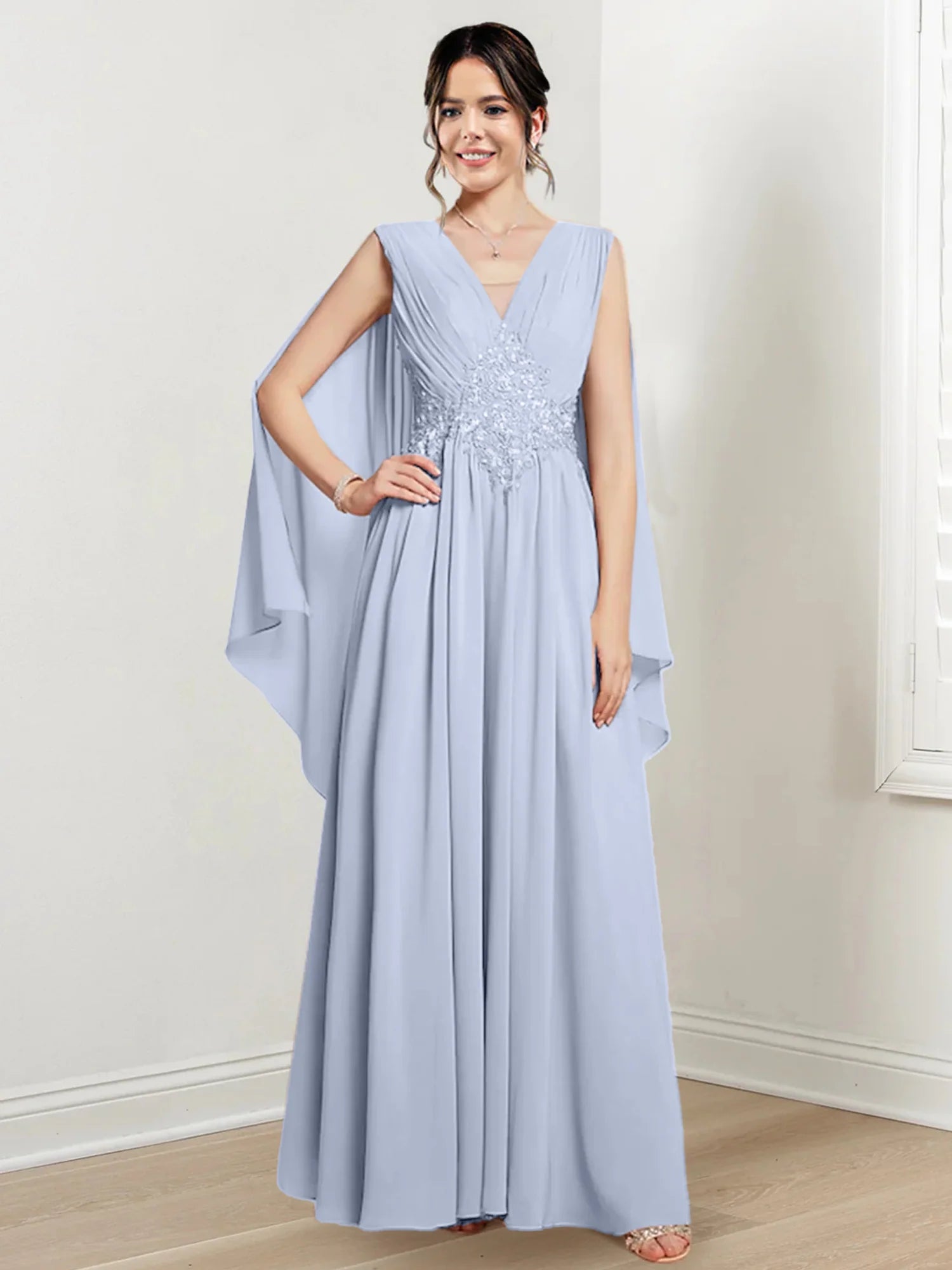 Ivory Chiffon A-Line V-Neck Floor-Length Gown with Beaded Waist & Draped Capelets