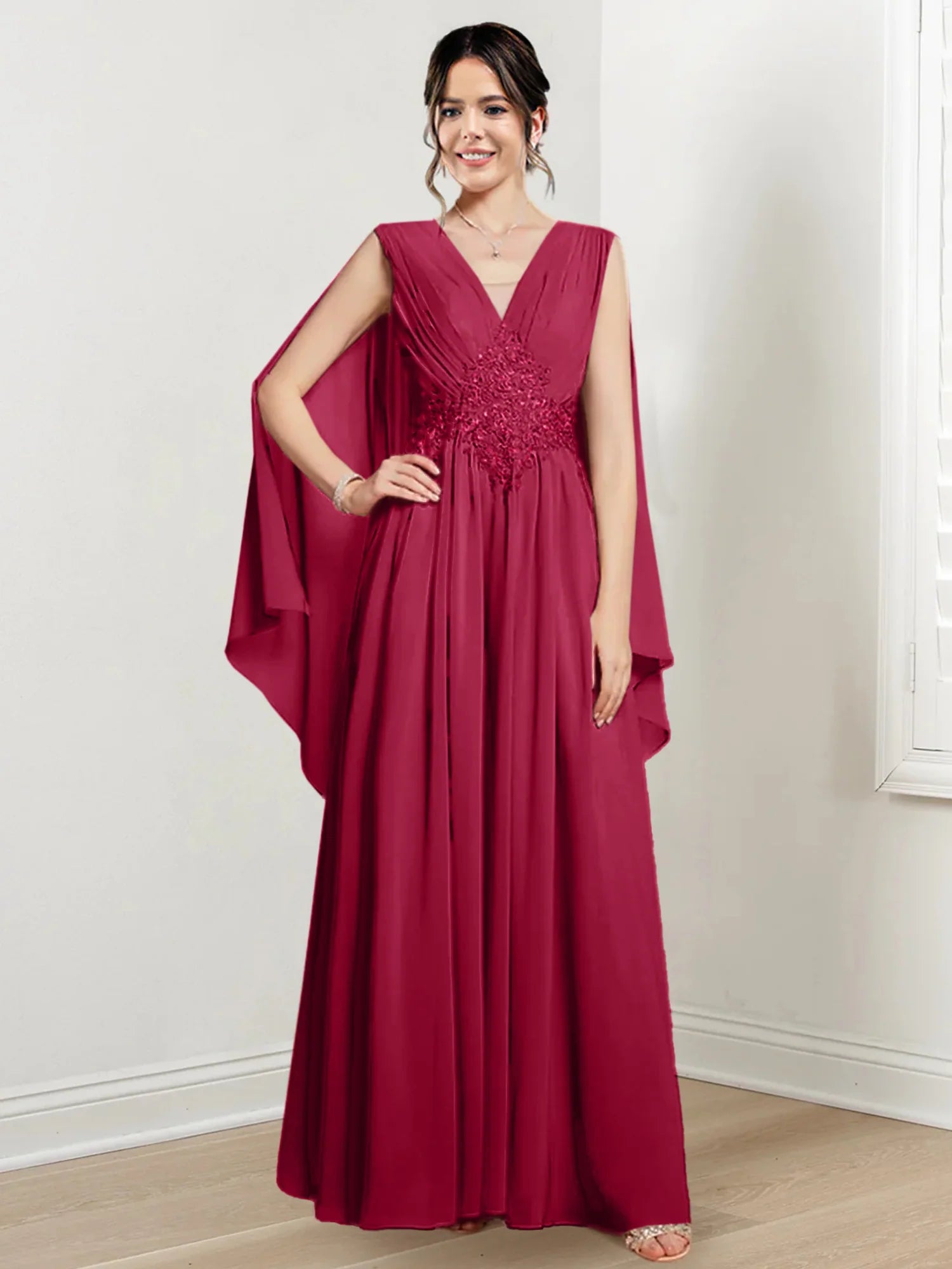 Ivory Chiffon A-Line V-Neck Floor-Length Gown with Beaded Waist & Draped Capelets