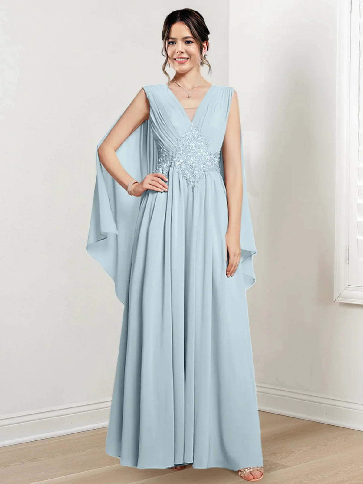 Ivory Chiffon A-Line V-Neck Floor-Length Gown with Beaded Waist & Draped Capelets