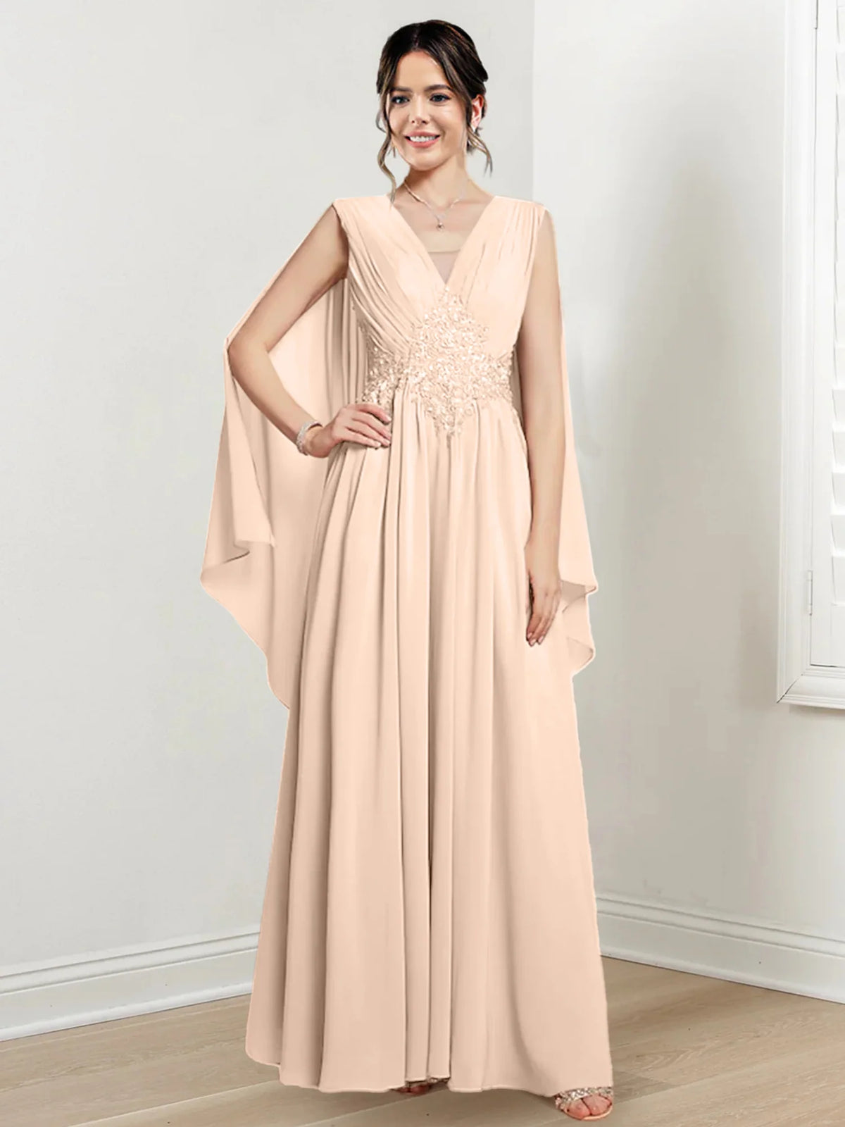 Ivory Chiffon A-Line V-Neck Floor-Length Gown with Beaded Waist & Draped Capelets