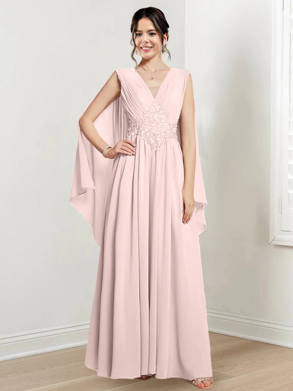 Ivory Chiffon A-Line V-Neck Floor-Length Gown with Beaded Waist & Draped Capelets