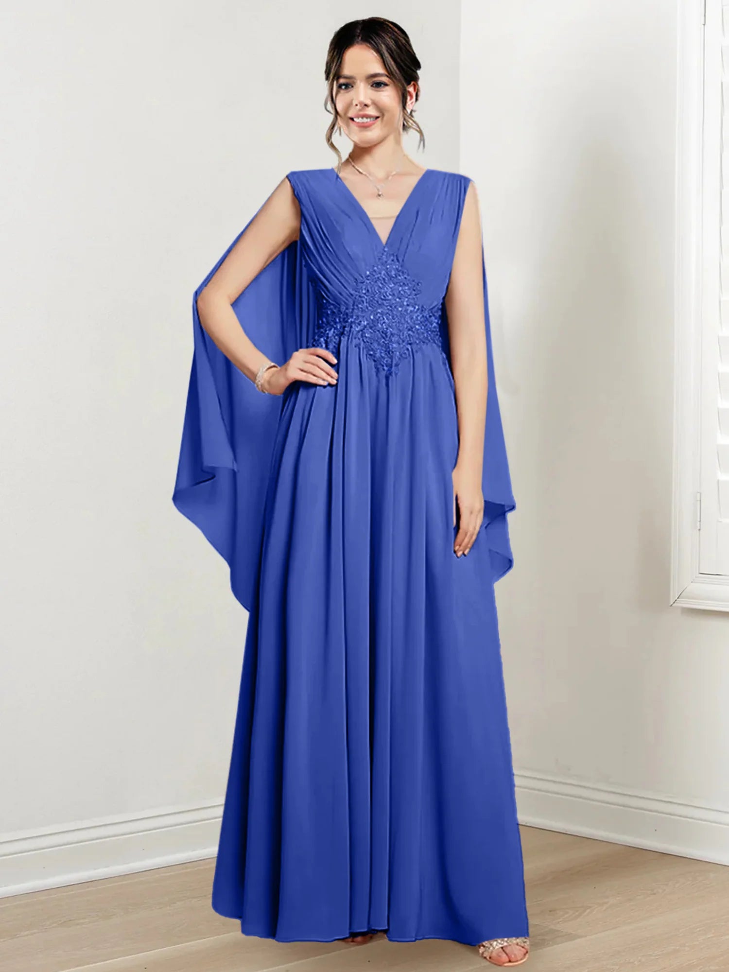 Ivory Chiffon A-Line V-Neck Floor-Length Gown with Beaded Waist & Draped Capelets