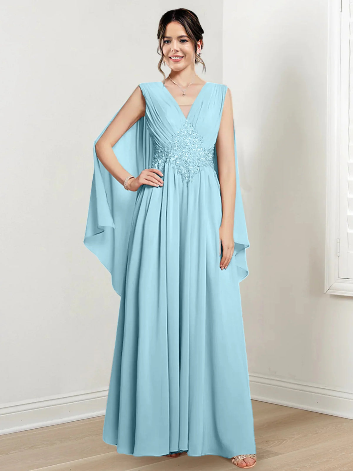 Ivory Chiffon A-Line V-Neck Floor-Length Gown with Beaded Waist & Draped Capelets