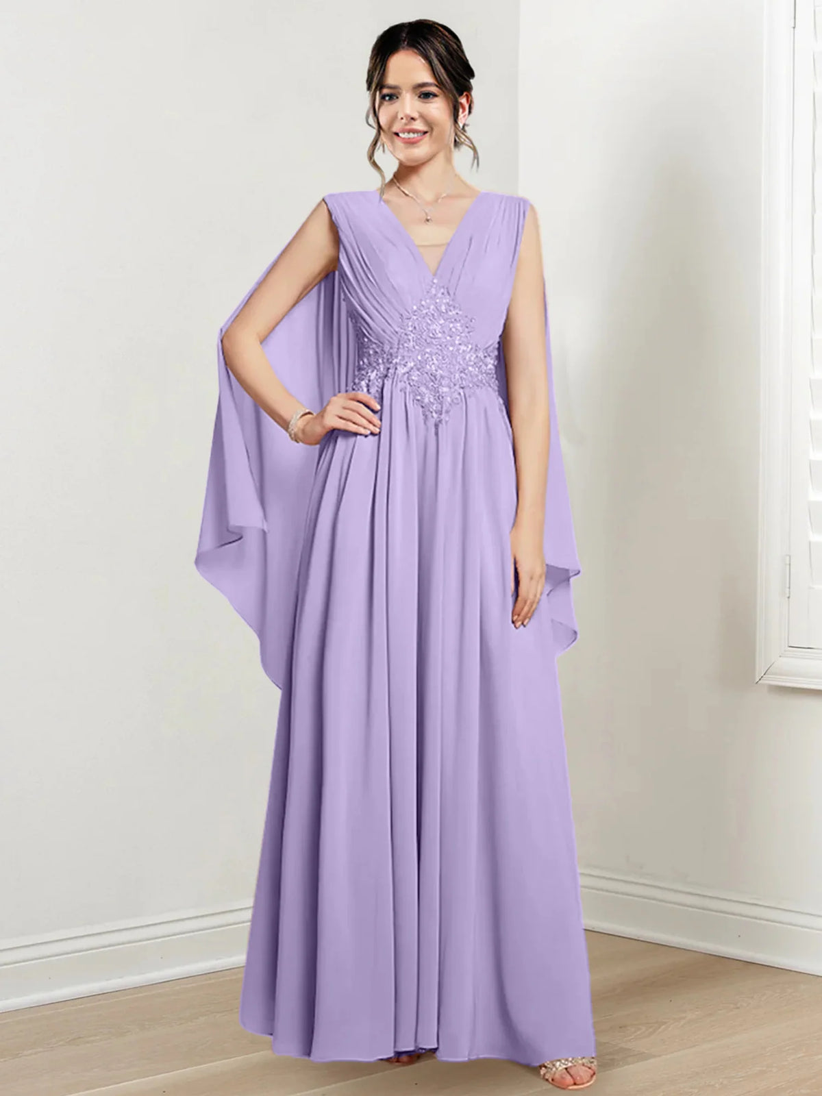 Ivory Chiffon A-Line V-Neck Floor-Length Gown with Beaded Waist & Draped Capelets