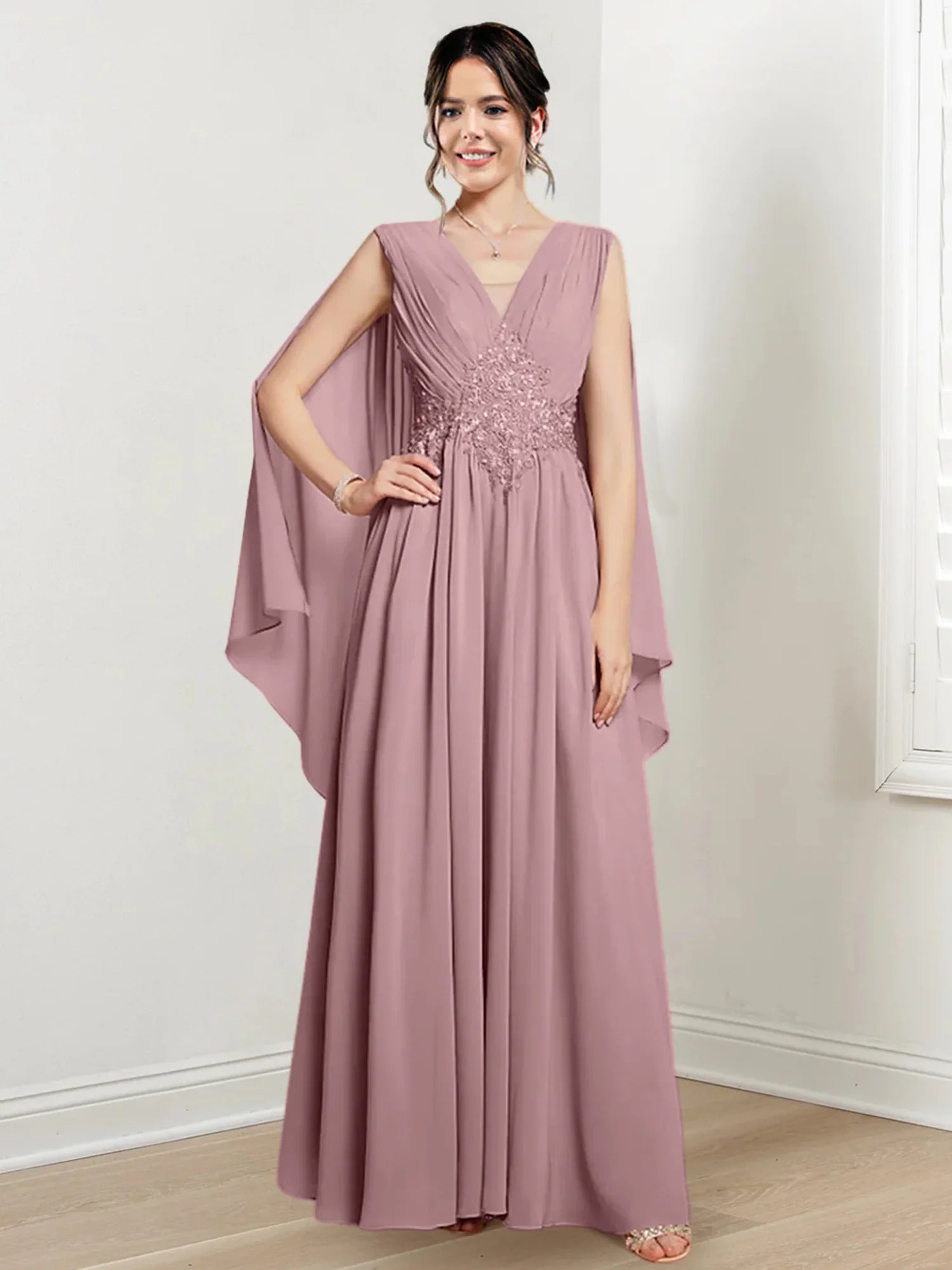 Ivory Chiffon A-Line V-Neck Floor-Length Gown with Beaded Waist & Draped Capelets