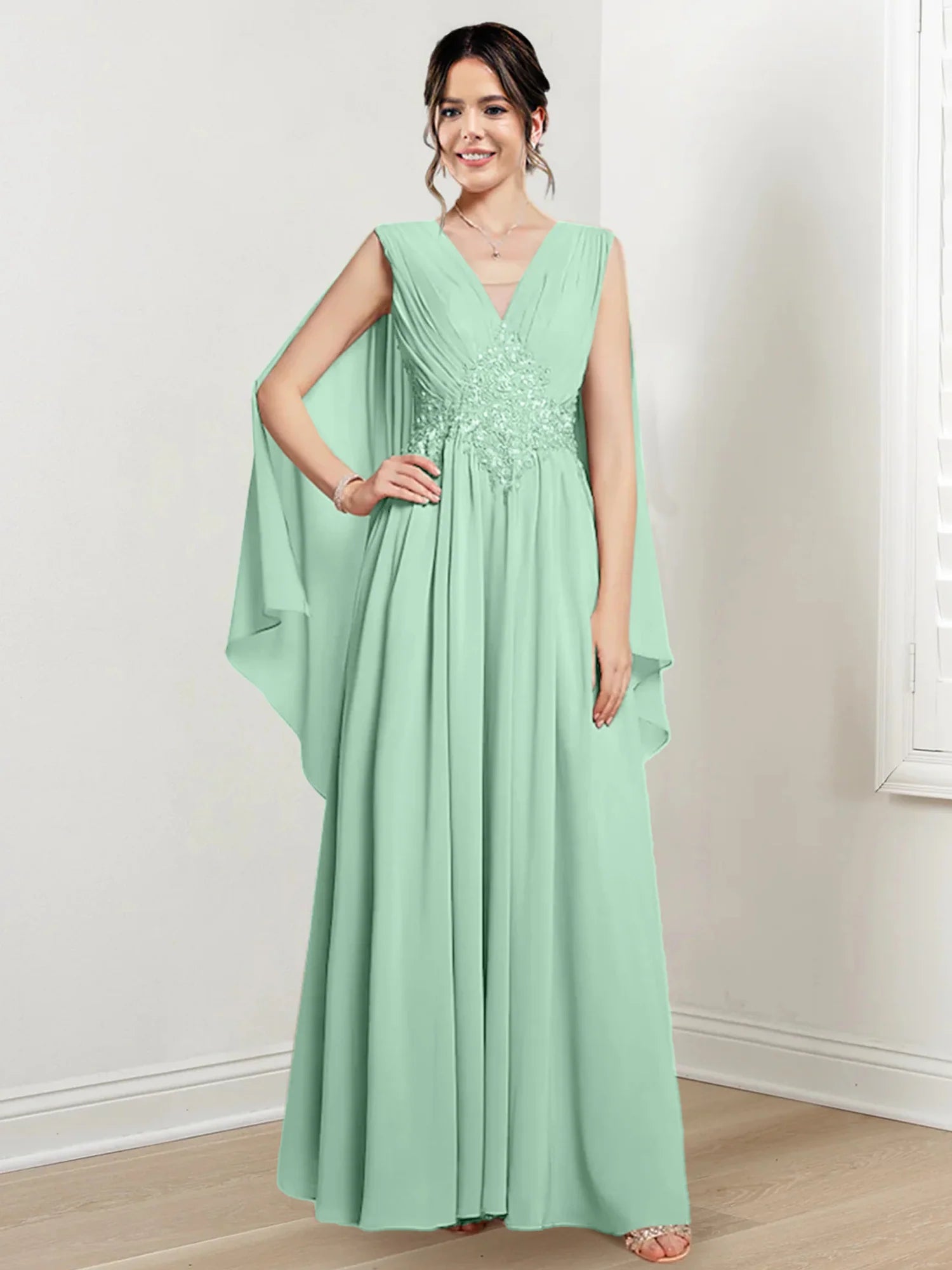 Ivory Chiffon A-Line V-Neck Floor-Length Gown with Beaded Waist & Draped Capelets
