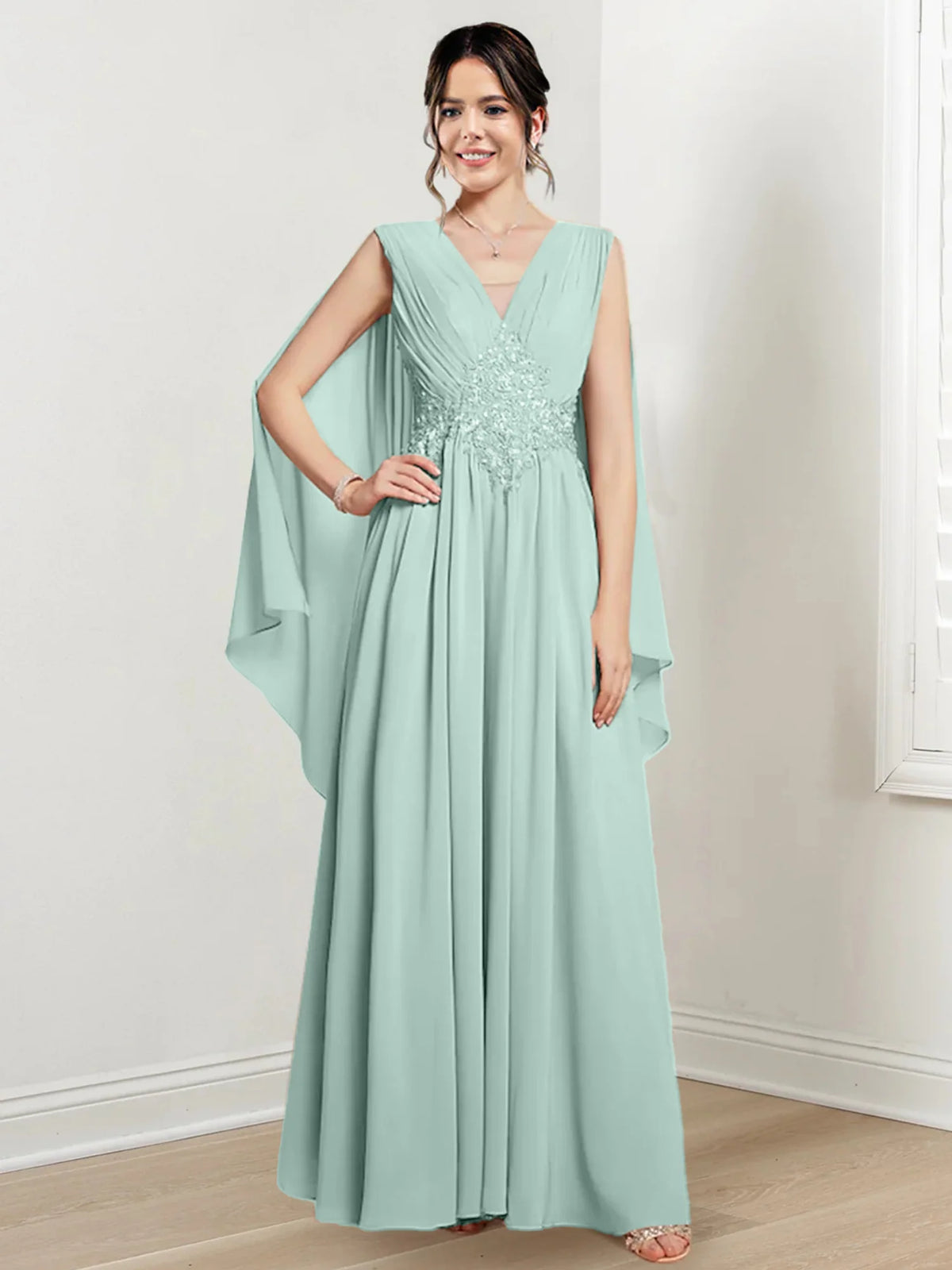 Ivory Chiffon A-Line V-Neck Floor-Length Gown with Beaded Waist & Draped Capelets