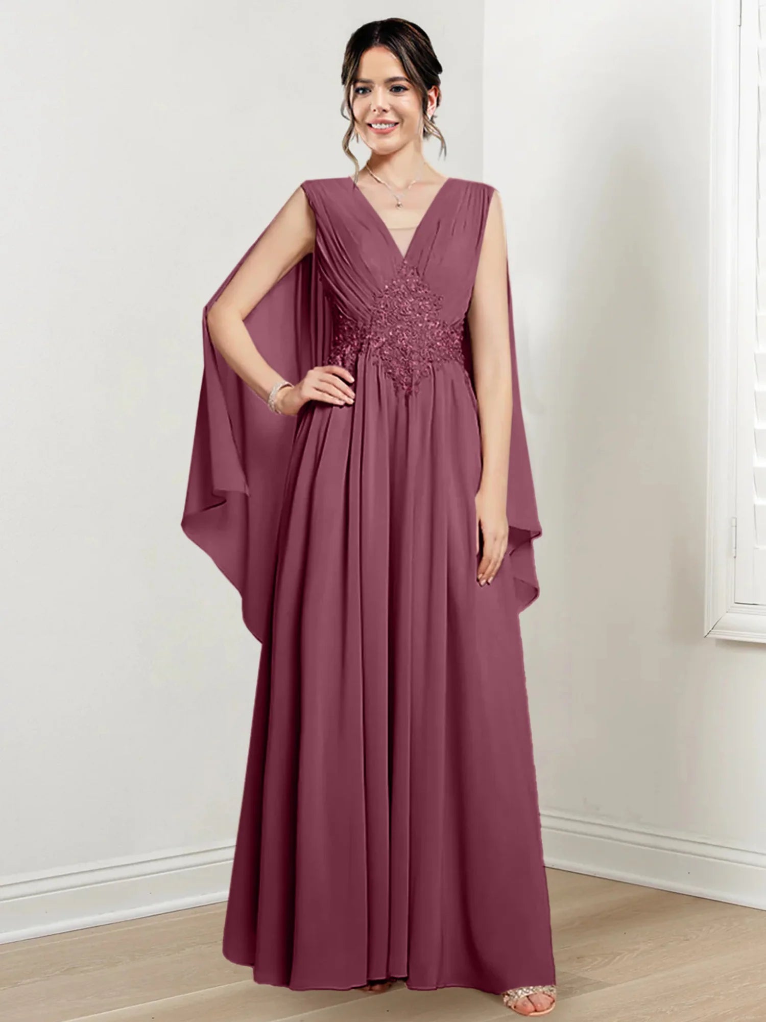 Ivory Chiffon A-Line V-Neck Floor-Length Gown with Beaded Waist & Draped Capelets