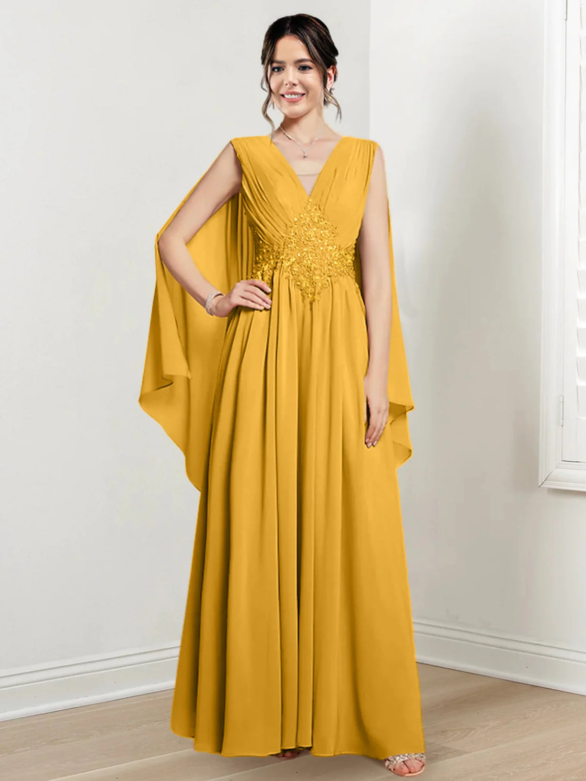Ivory Chiffon A-Line V-Neck Floor-Length Gown with Beaded Waist & Draped Capelets