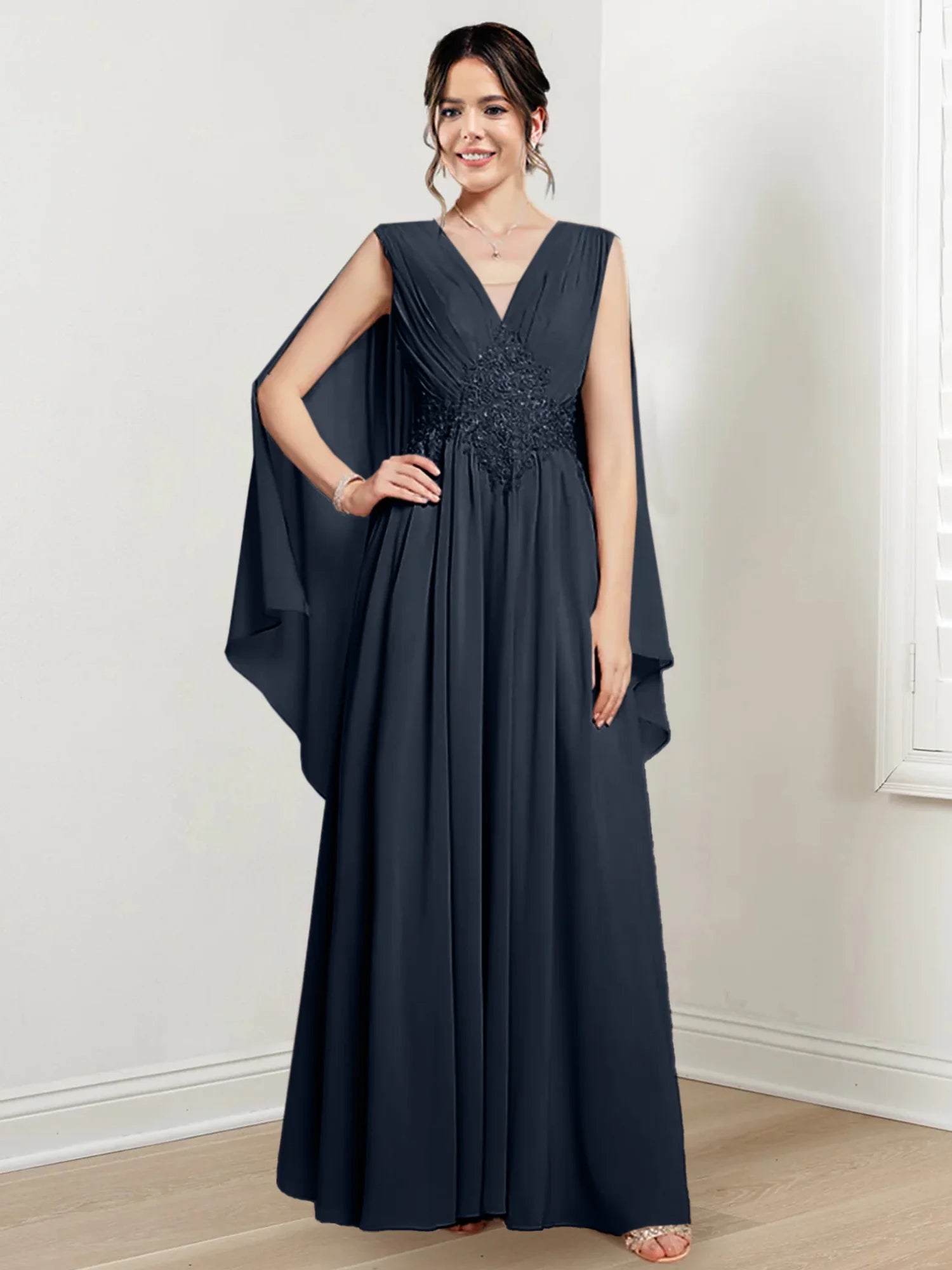 Ivory Chiffon A-Line V-Neck Floor-Length Gown with Beaded Waist & Draped Capelets
