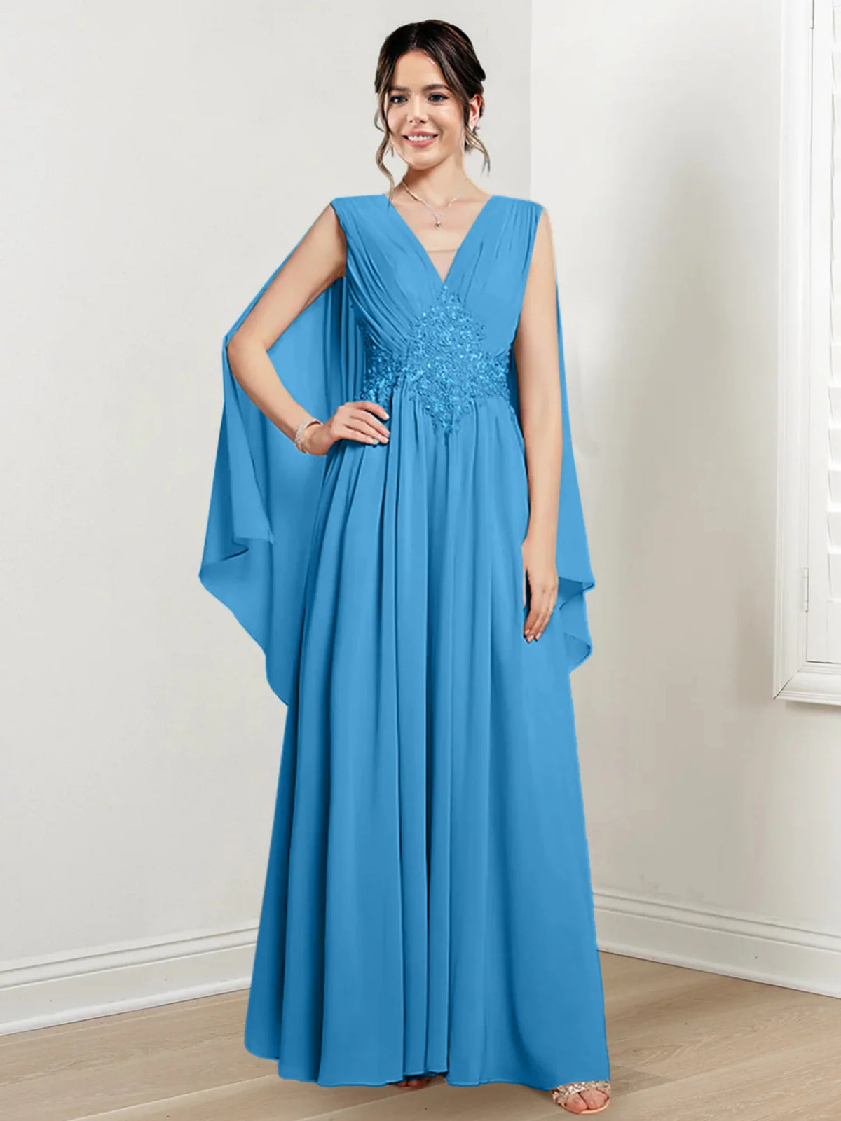 Ivory Chiffon A-Line V-Neck Floor-Length Gown with Beaded Waist & Draped Capelets