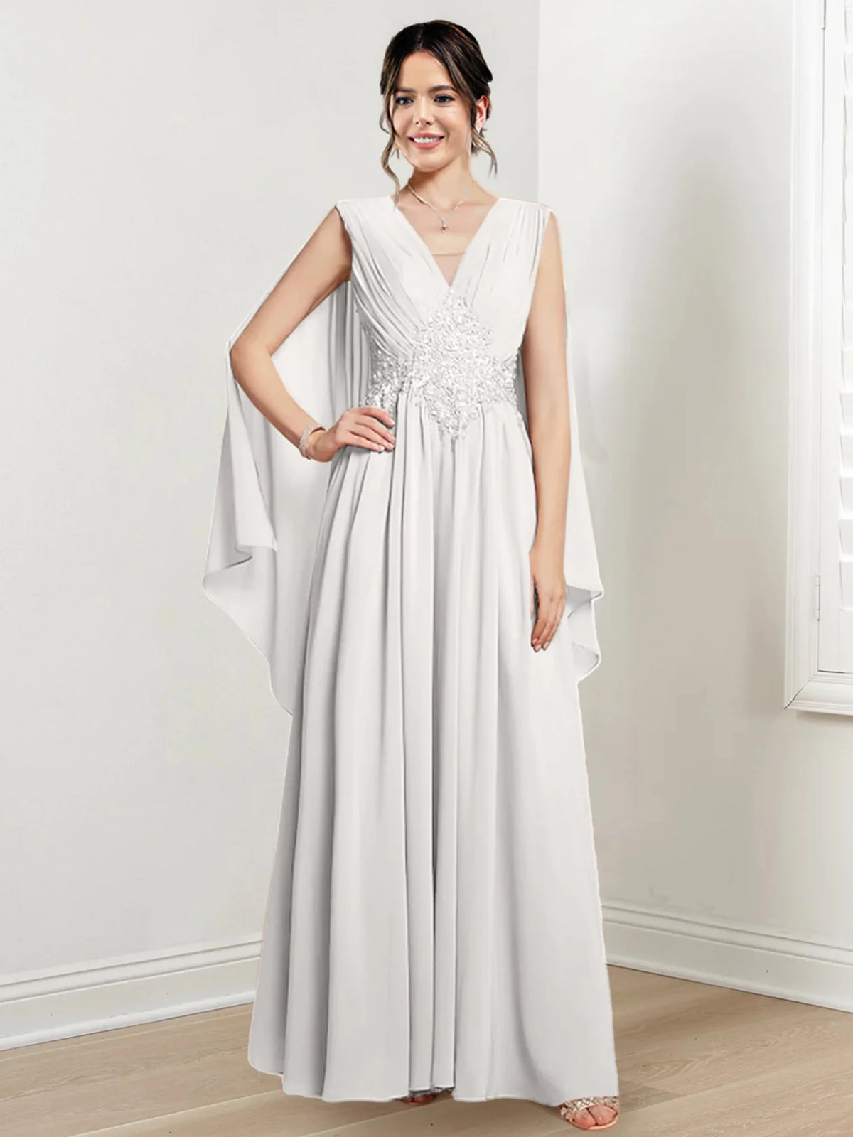 Ivory Chiffon A-Line V-Neck Floor-Length Gown with Beaded Waist & Draped Capelets