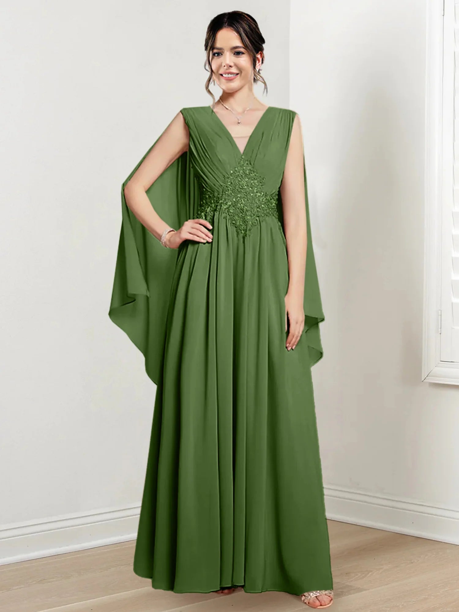 Ivory Chiffon A-Line V-Neck Floor-Length Gown with Beaded Waist & Draped Capelets