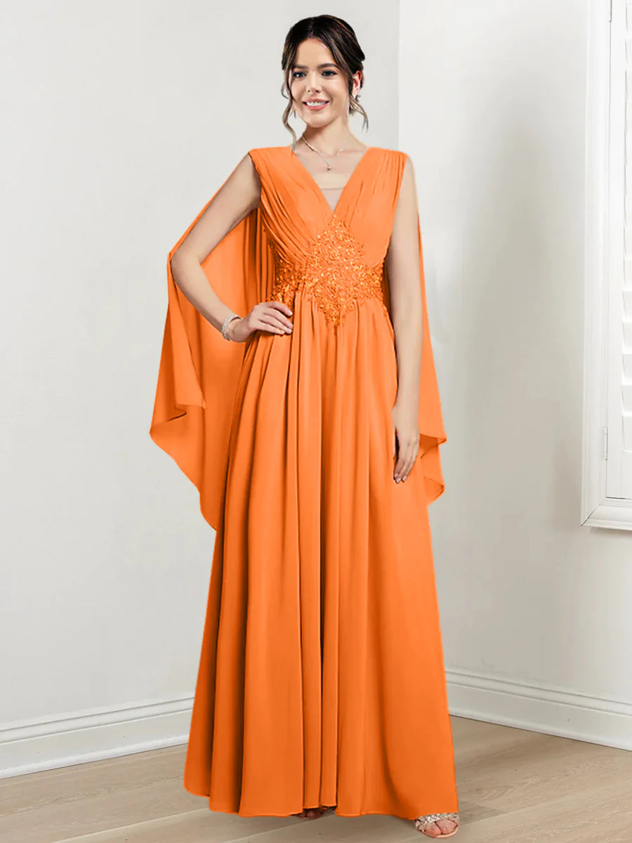 Ivory Chiffon A-Line V-Neck Floor-Length Gown with Beaded Waist & Draped Capelets