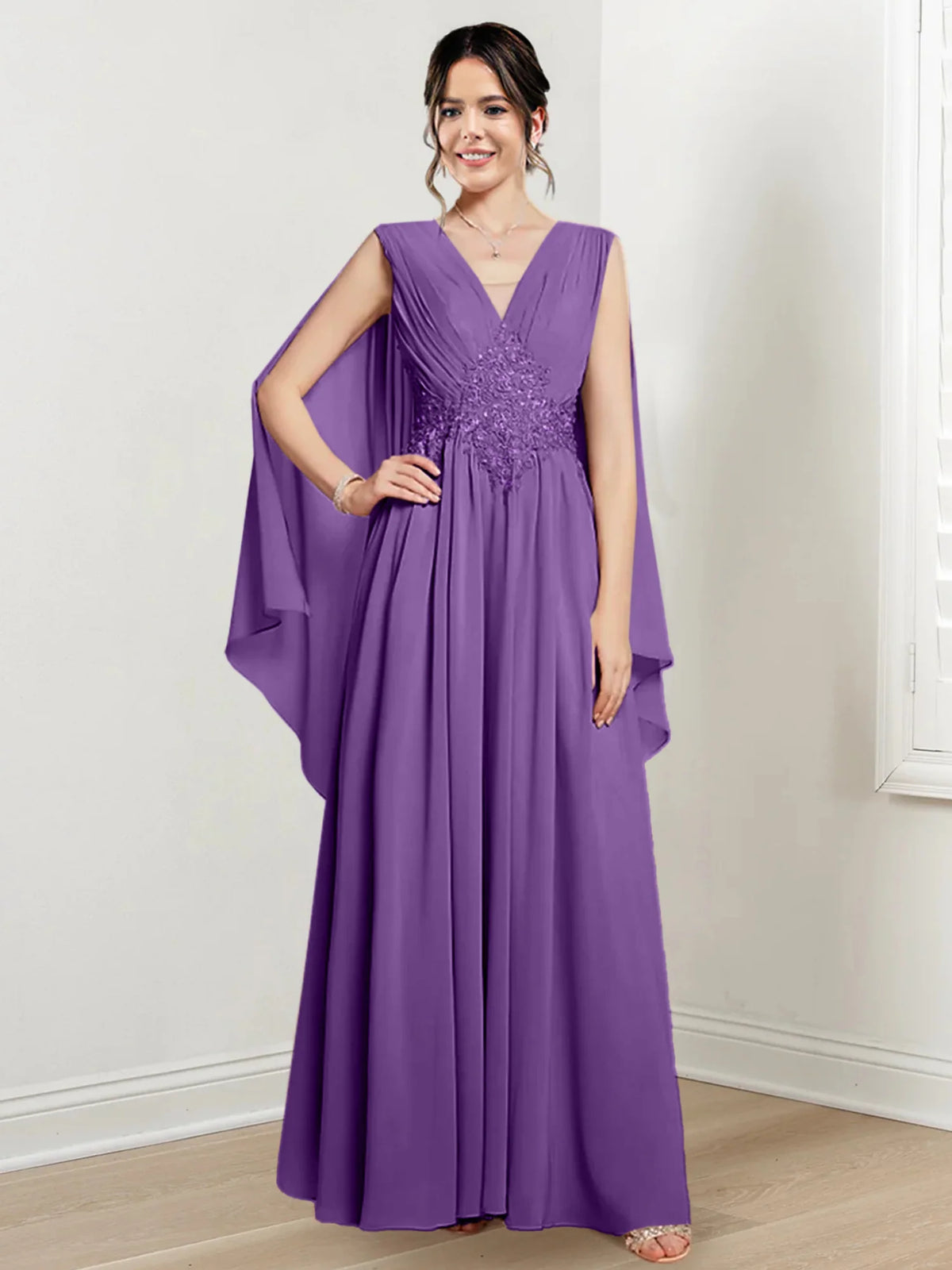 Plum Chiffon V-Neck A-Line Floor-Length Bridesmaid Dress
