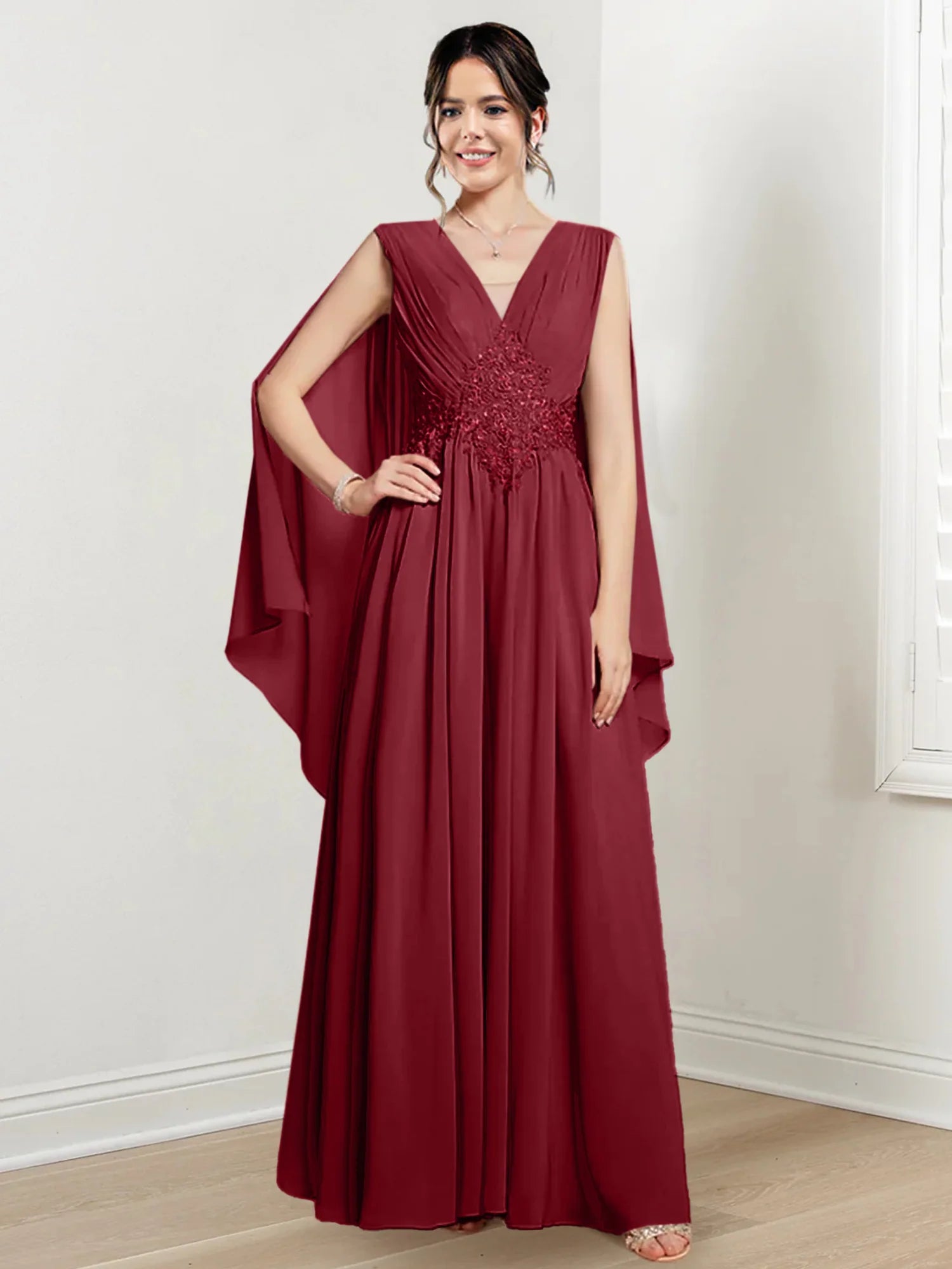 Plum Chiffon V-Neck A-Line Floor-Length Bridesmaid Dress