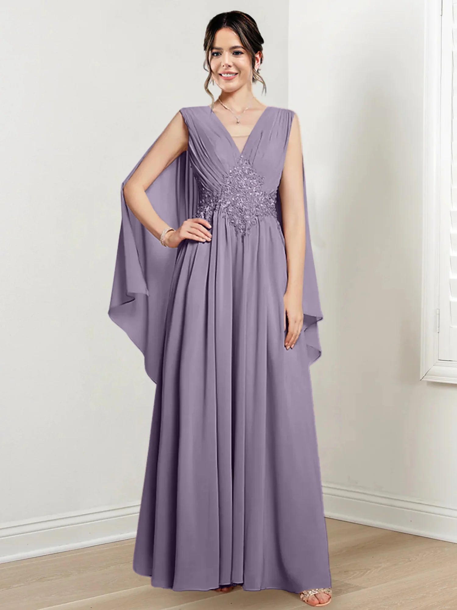 Plum Chiffon V-Neck A-Line Floor-Length Bridesmaid Dress