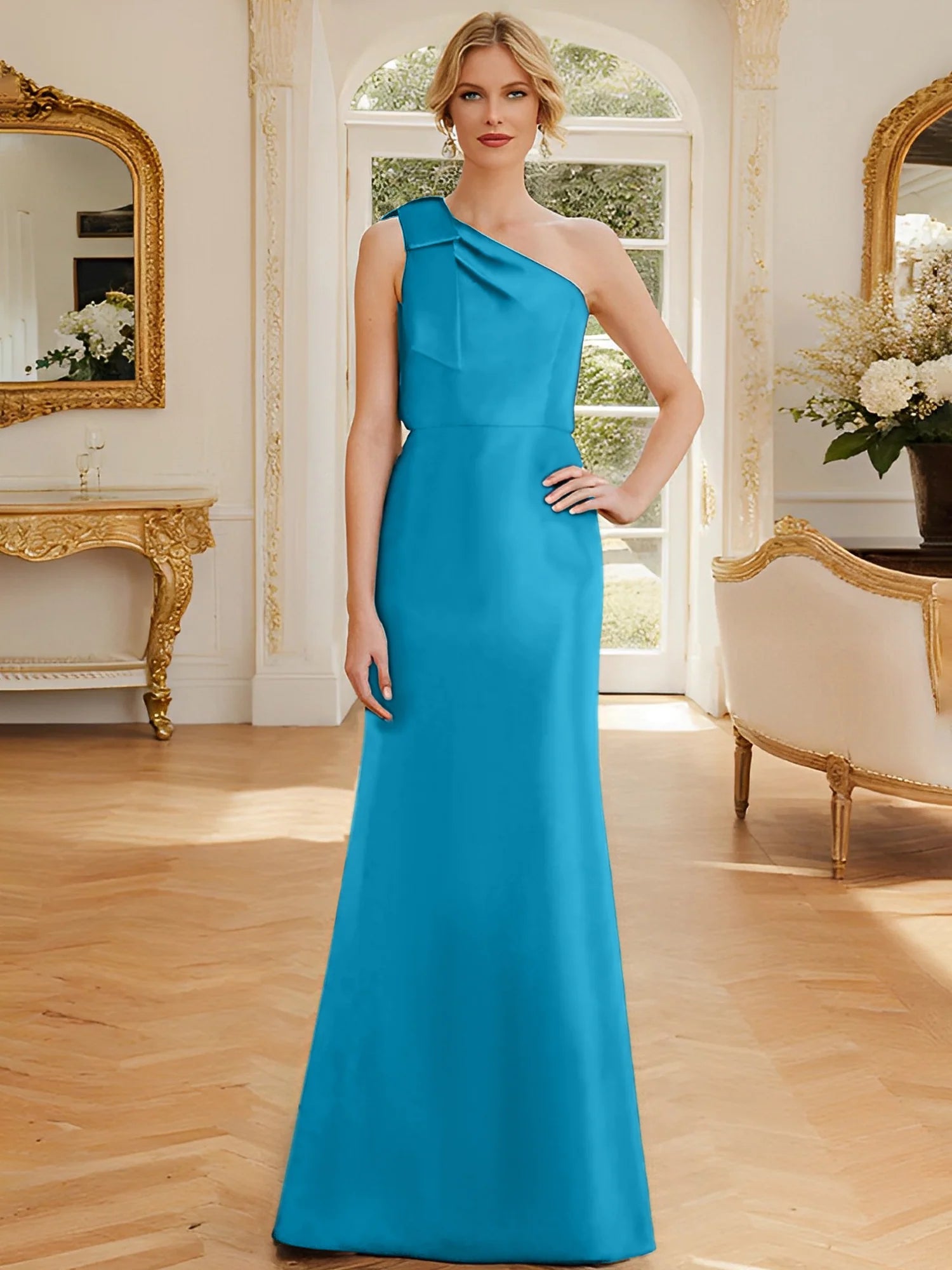 Dark Navy Satin One Shoulder A-Line Floor-Length Bridesmaid Dress