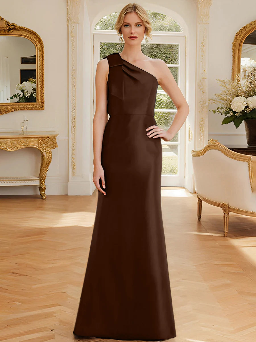 Dark Navy Satin One Shoulder A-Line Floor-Length Bridesmaid Dress