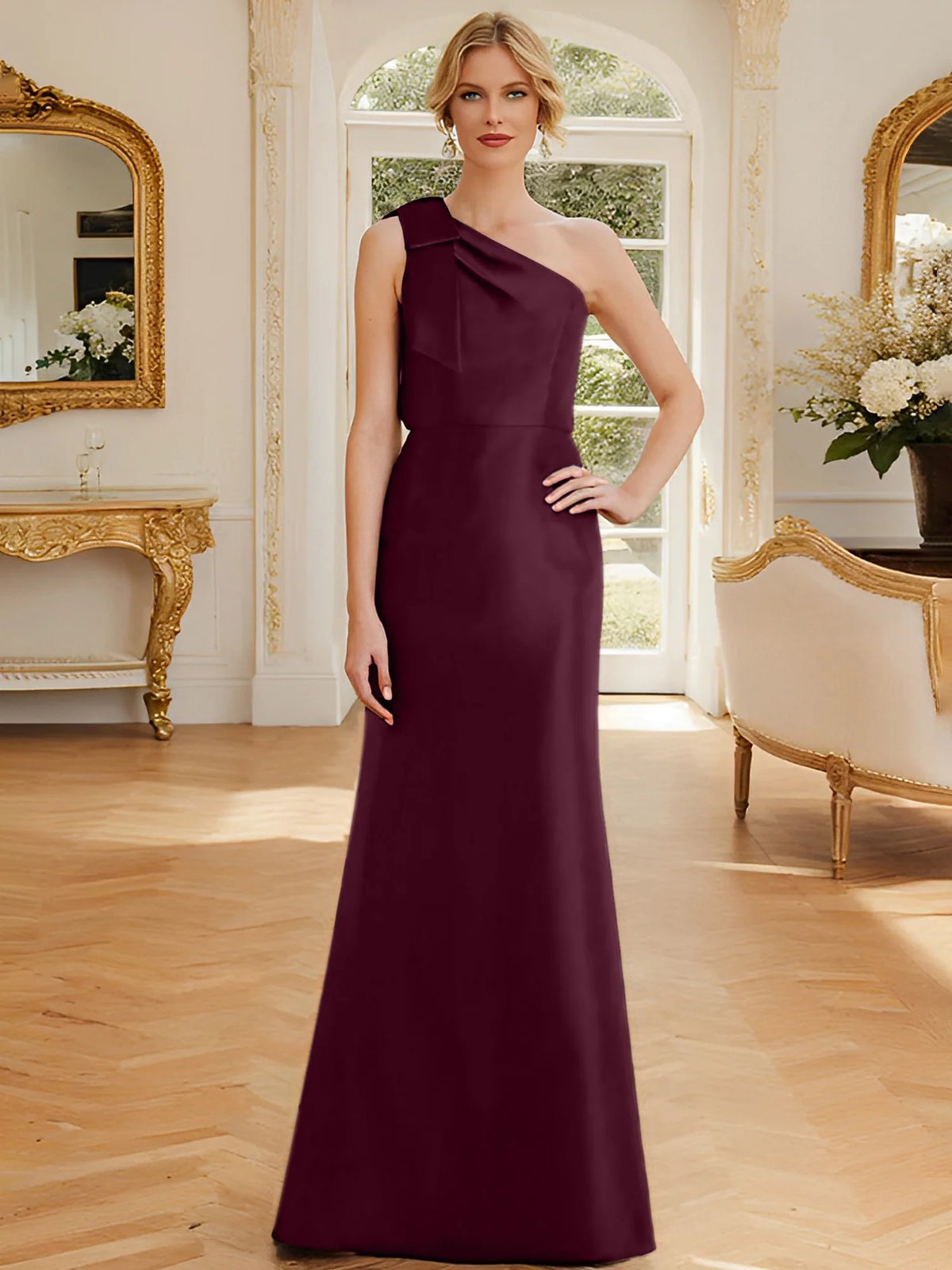Dark Navy Satin One Shoulder A-Line Floor-Length Bridesmaid Dress