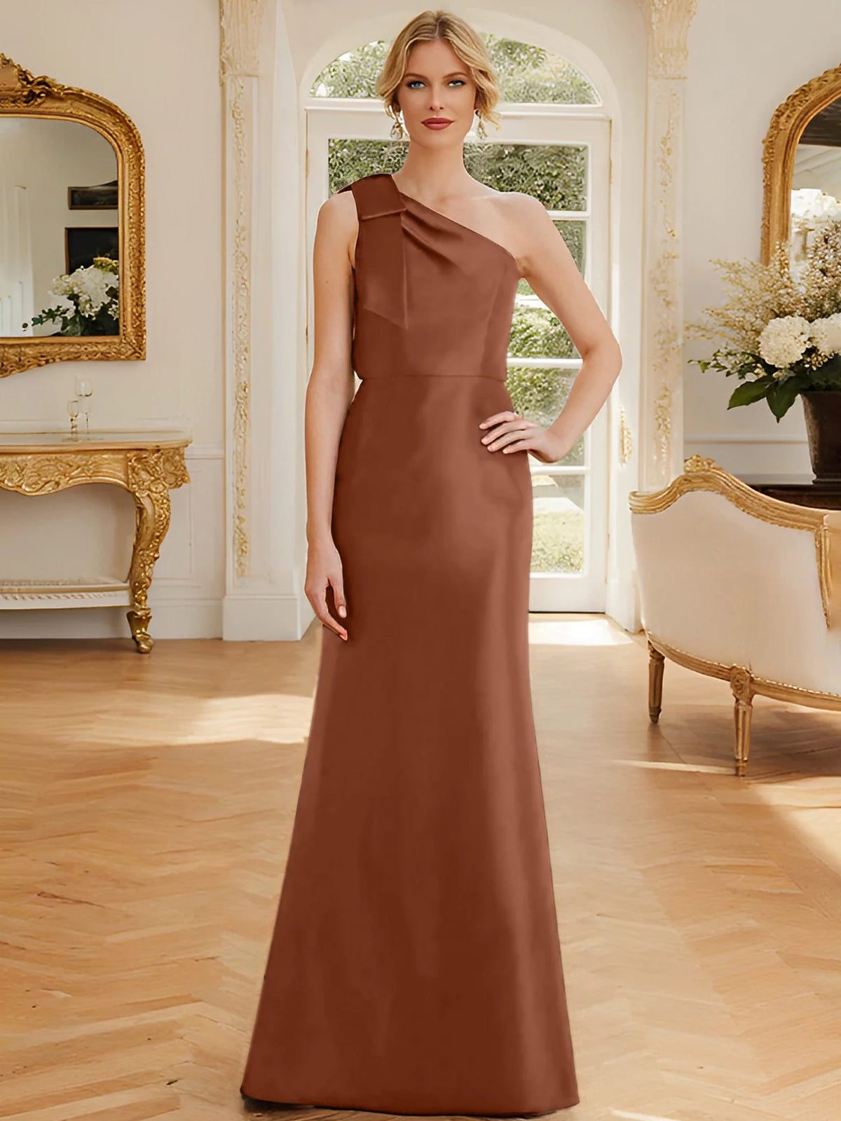 Dark Navy Satin One Shoulder A-Line Floor-Length Bridesmaid Dress