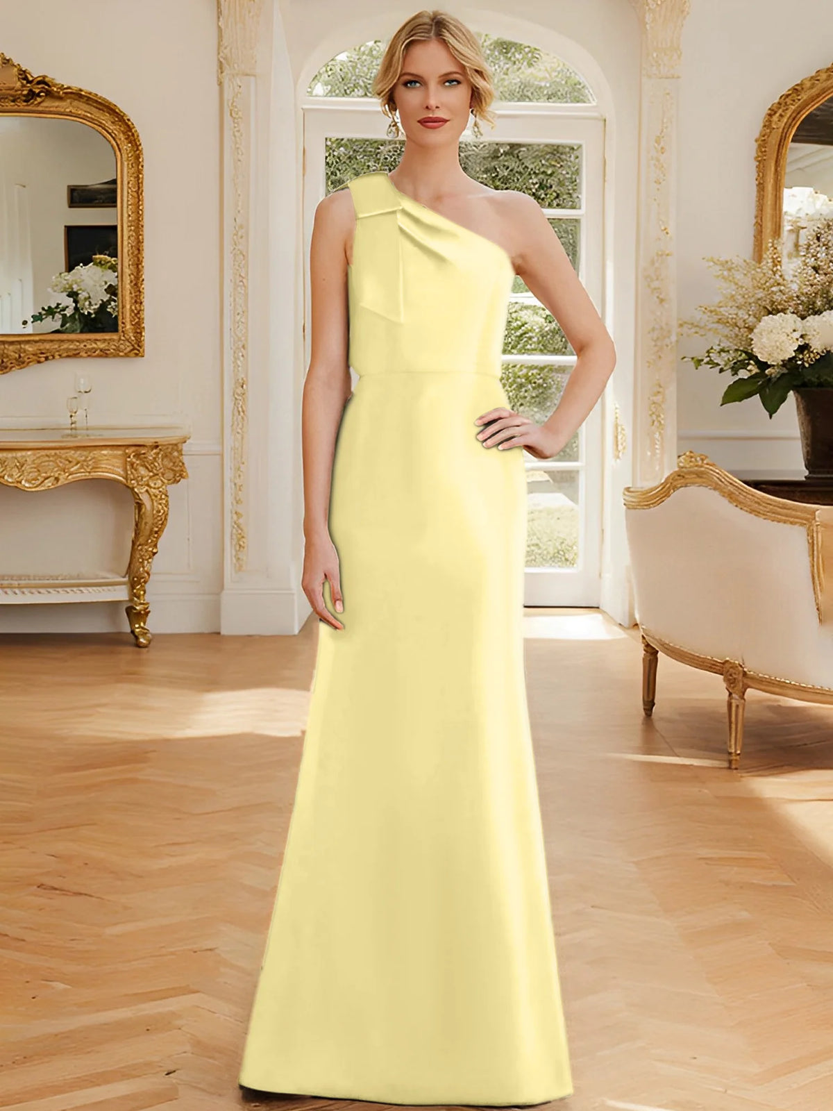 Dark Navy Satin One Shoulder A-Line Floor-Length Bridesmaid Dress