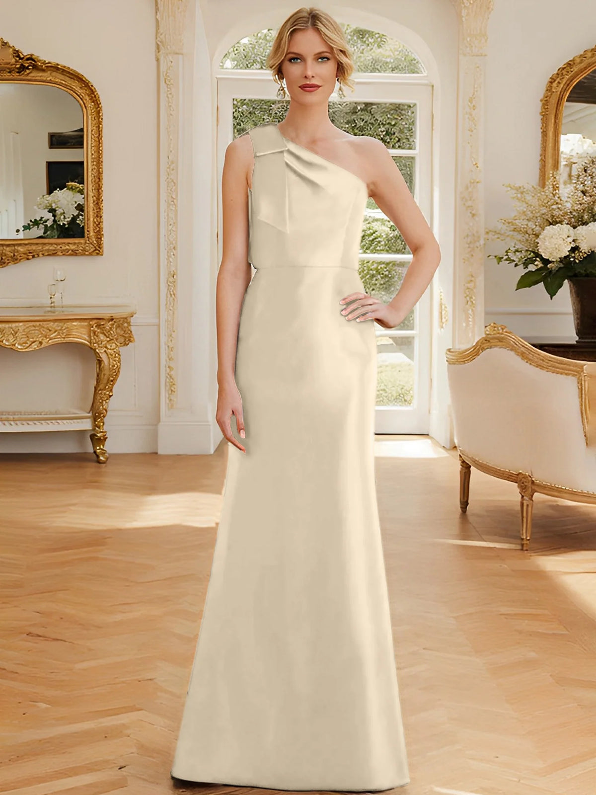 Dark Navy Satin One Shoulder A-Line Floor-Length Bridesmaid Dress