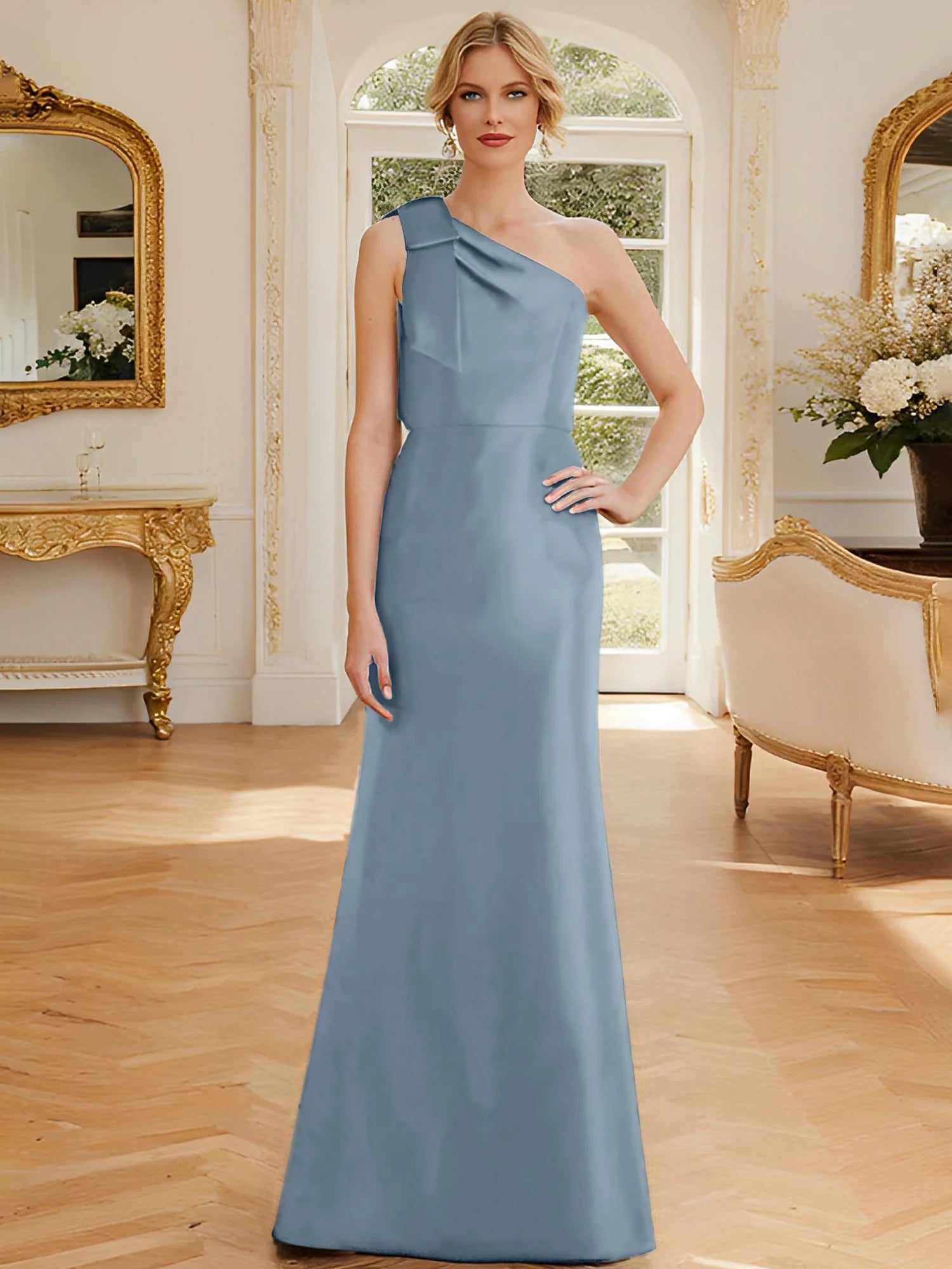 Tight fit/straight leg one shoulder sleeveless satin bow mother of the bride dress