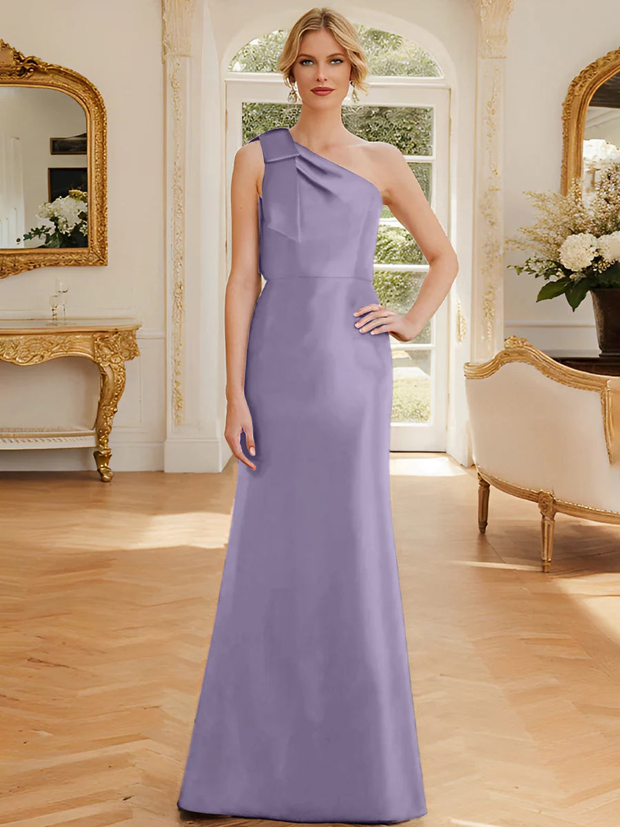 Dark Navy Satin One Shoulder A-Line Floor-Length Bridesmaid Dress