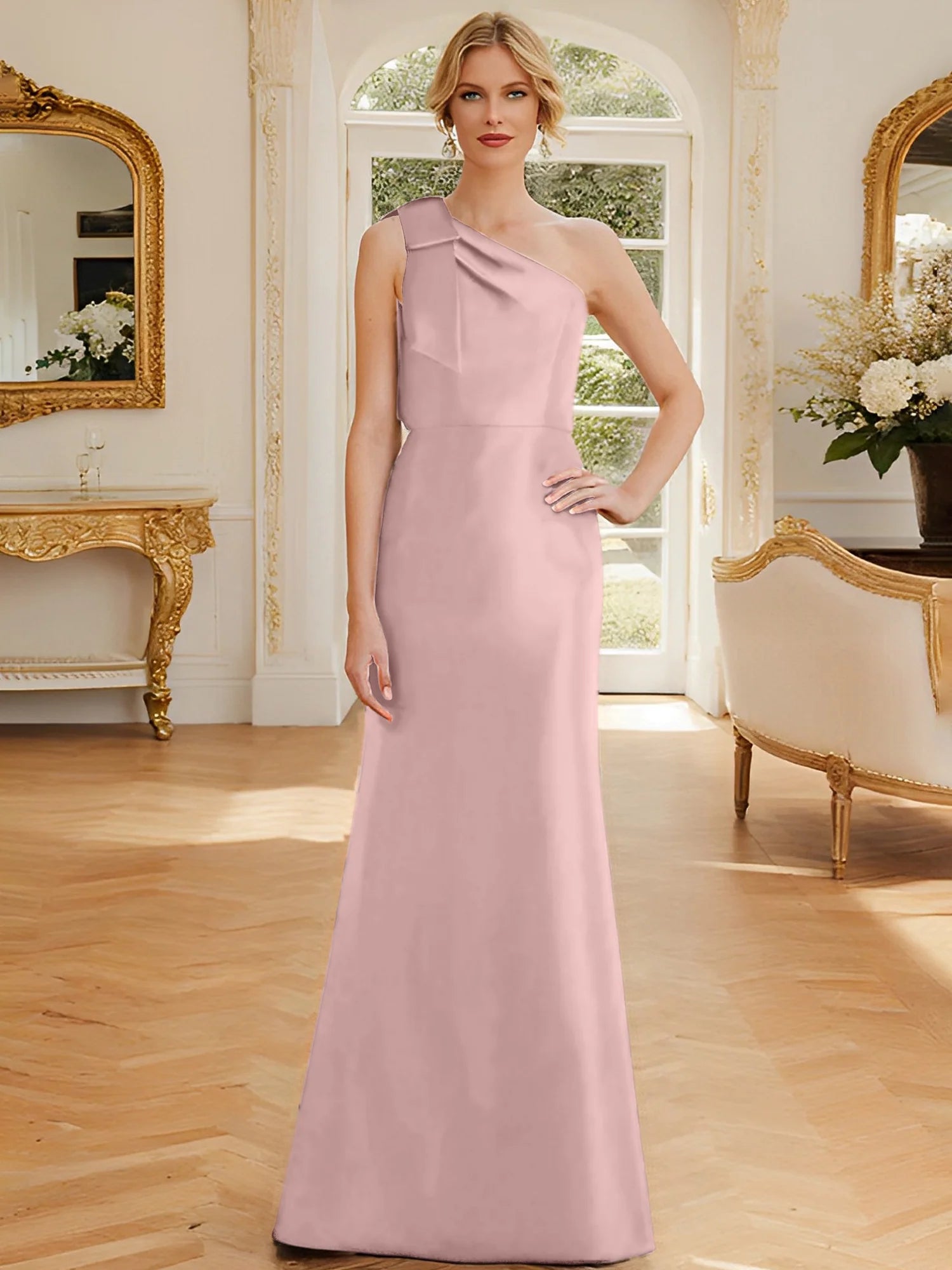 Dark Navy Satin One Shoulder A-Line Floor-Length Bridesmaid Dress