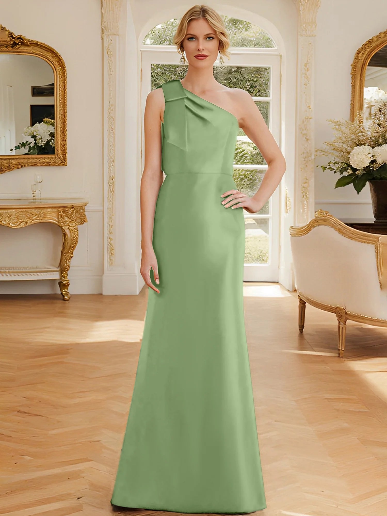 Tight fit/straight leg one shoulder sleeveless satin bow mother of the bride dress