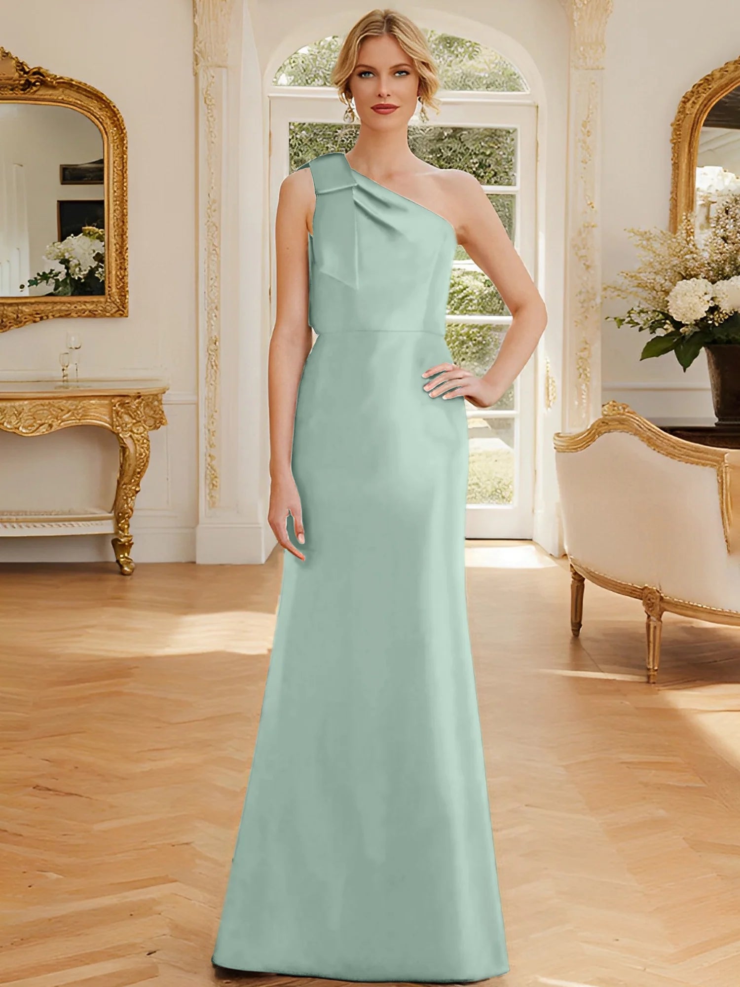 Tight fit/straight leg one shoulder sleeveless satin bow mother of the bride dress