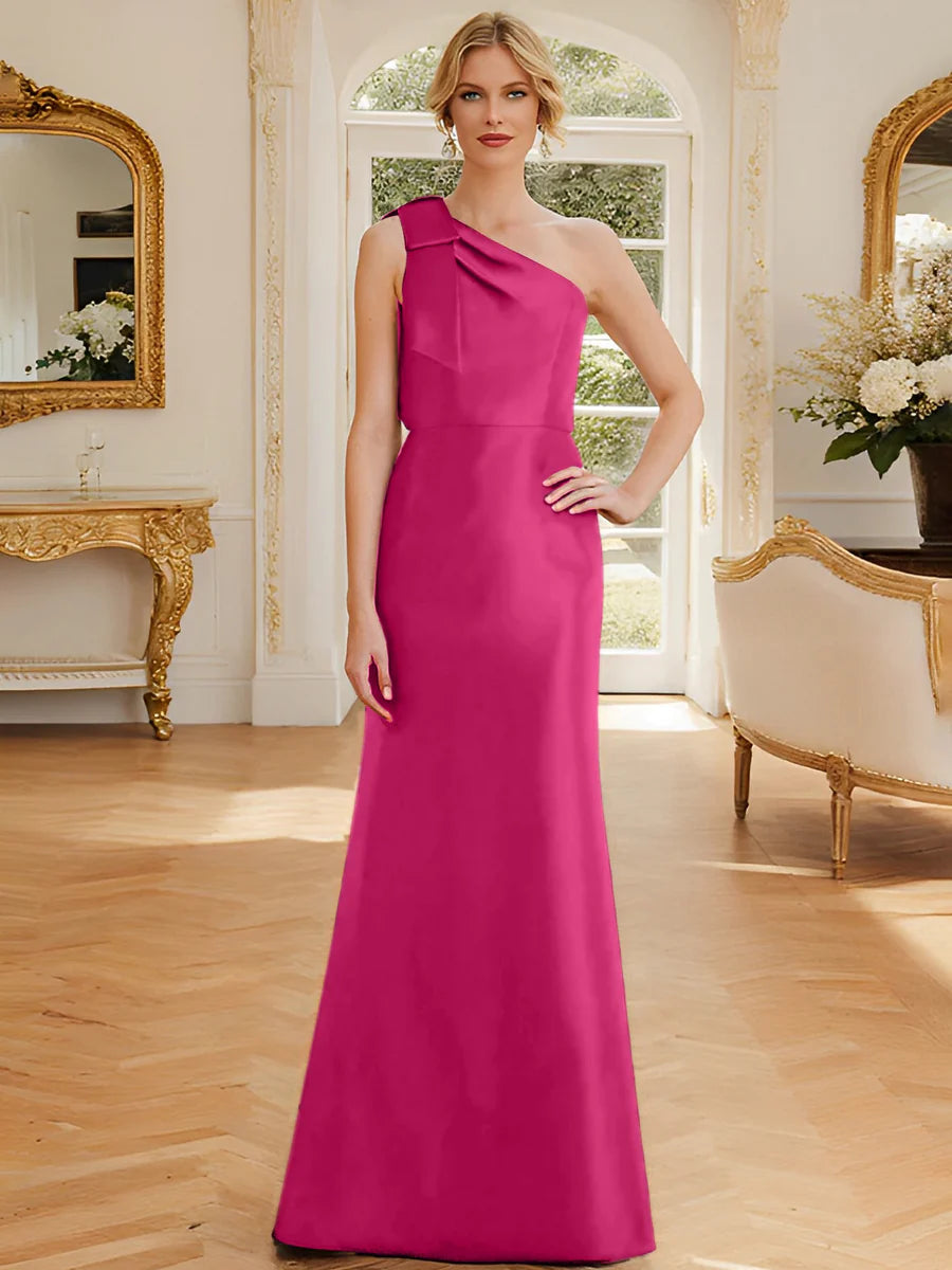 Dark Navy Satin One Shoulder A-Line Floor-Length Bridesmaid Dress