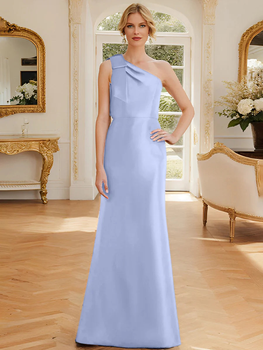 Dusty Blue One Shoulder Satin A-Line Floor-Length Bridesmaid Dress