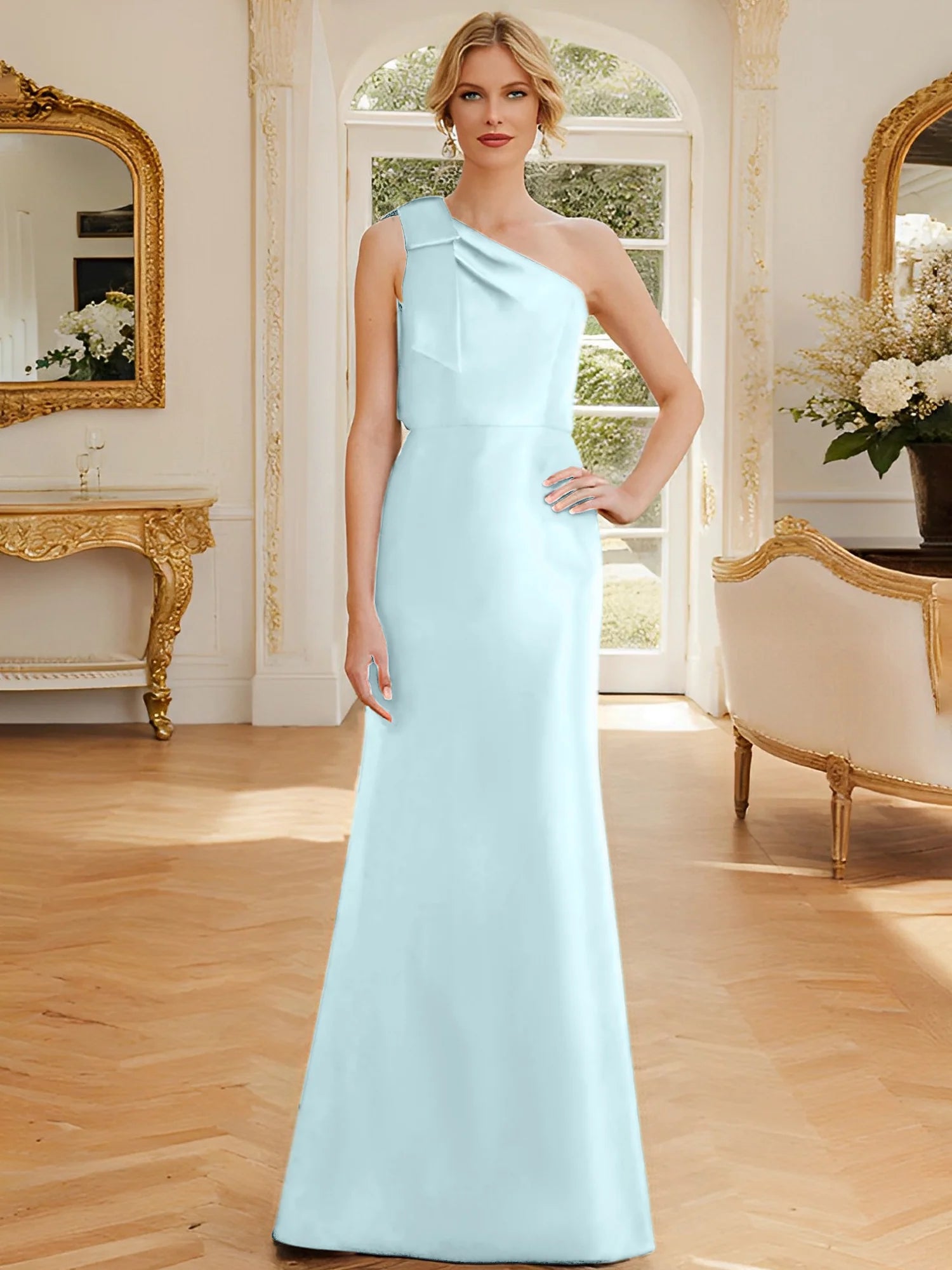 Dusty Blue One Shoulder Satin A-Line Floor-Length Bridesmaid Dress