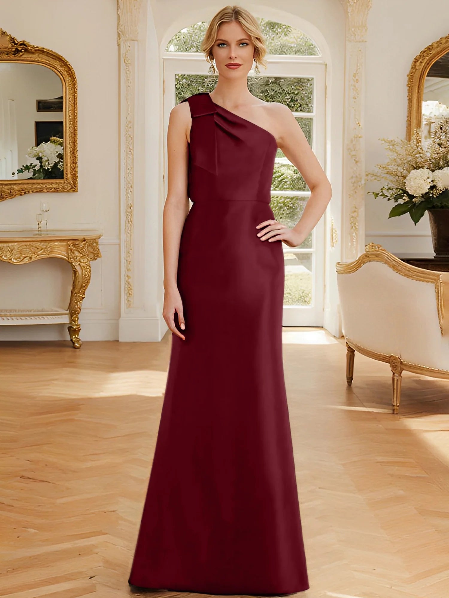 Dusty Blue One Shoulder Satin A-Line Floor-Length Bridesmaid Dress