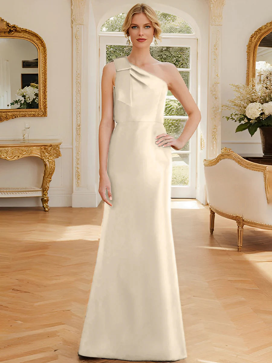 Dusty Blue One Shoulder Satin A-Line Floor-Length Bridesmaid Dress
